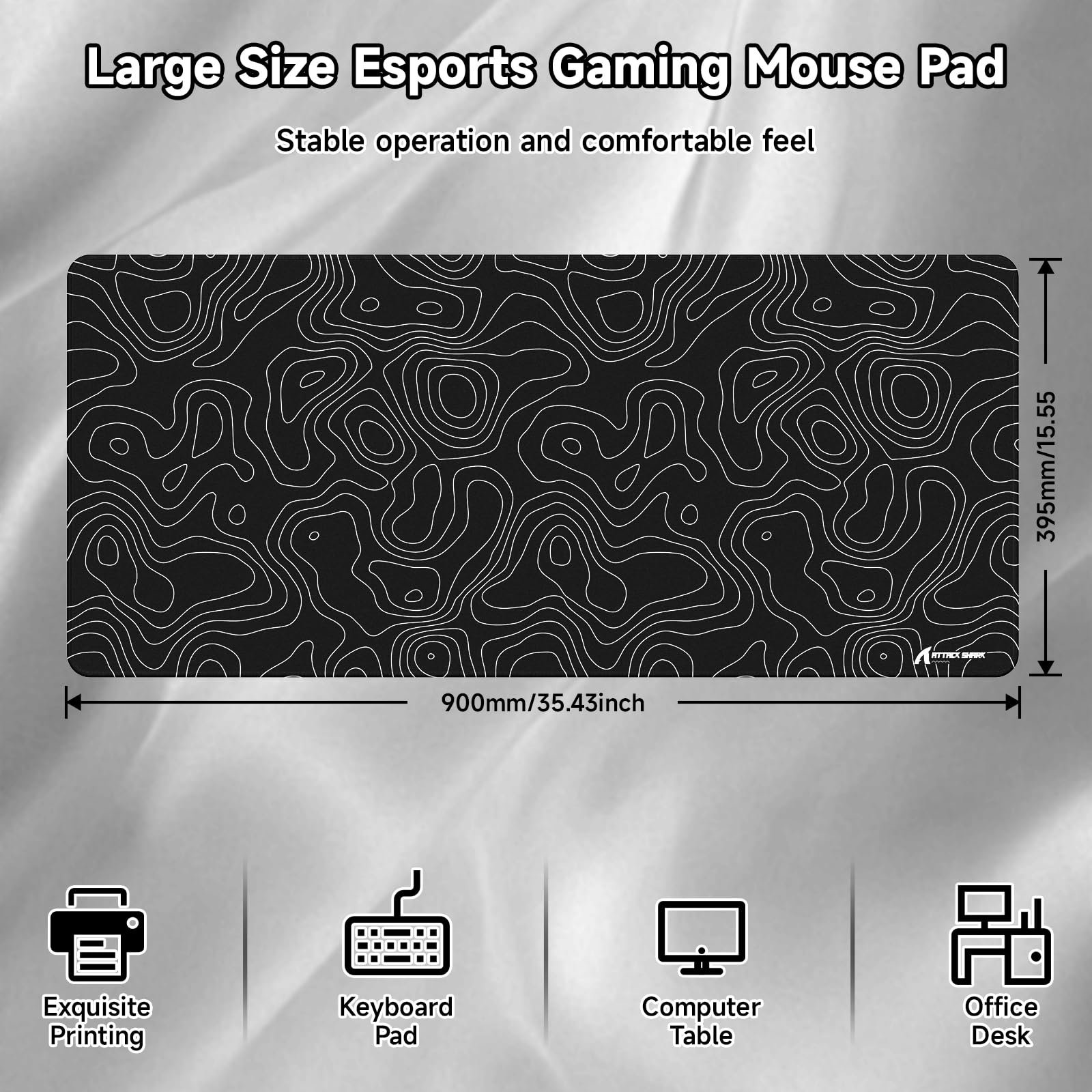 ATTACK SHARK CM02PRO Tappetino Per Mouse Da Gioco Esports Grande, Superficie con Texture Simile Alla Sabbia Fine, Rivestimento Resistente All'Acqua, Base Antiscivolo, 900x395x4MM-Contorno Nero