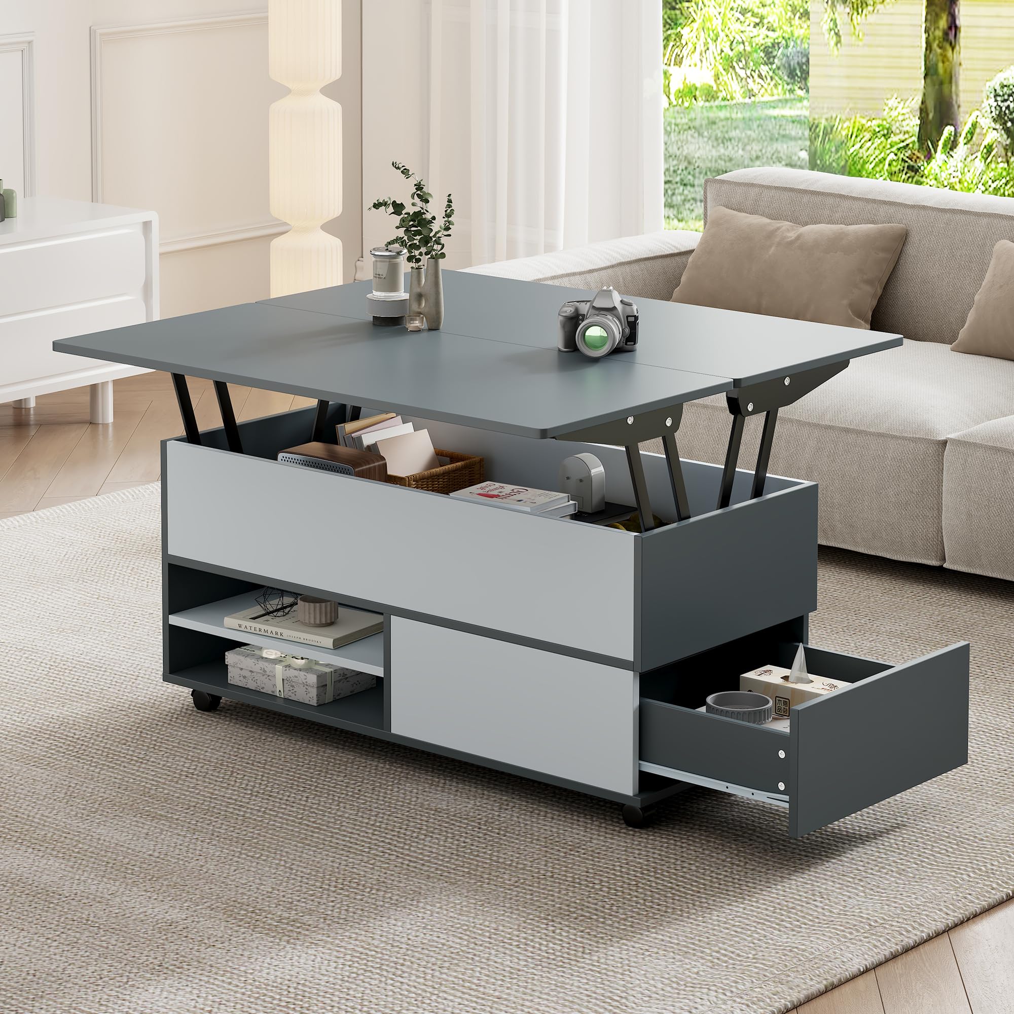 Mesa de café regulable en altura con espacio de almacenamiento oculto y estante, mesa de salón con ruedas y cajones, mesa de comedor multifuncional con espacio de almacenamiento, empalmes gris-blanco