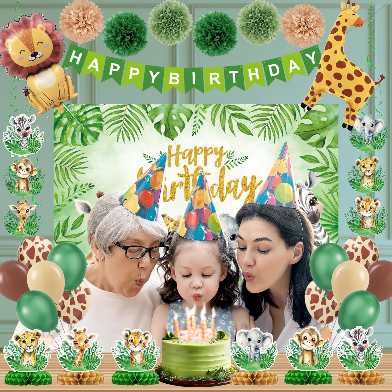 Jungle Safari Birthday Party Decorations - Safari Balloon Garland Arch Kit Animal Balloons Jungle Theme Safari Backdrop Banner Honeycomb Centerpieces Hanging Swirls Cake Topper