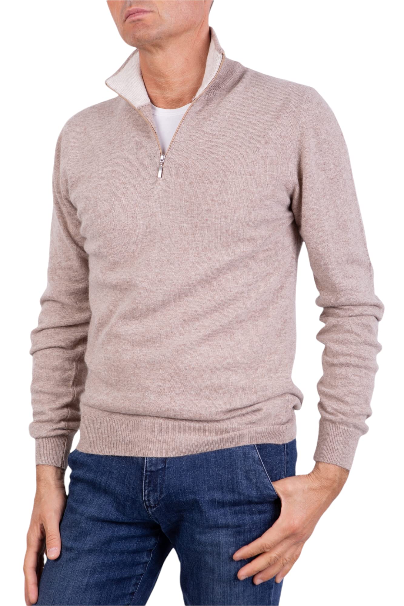 Men's Zip Up Turtleneck mere Blend Silk Made in Italy Sweater Half Zip Pullover Long Sleeve Merino Wool mere Sweater Beige Blue Grey Knit Winter Clothing Gift, beige, XL