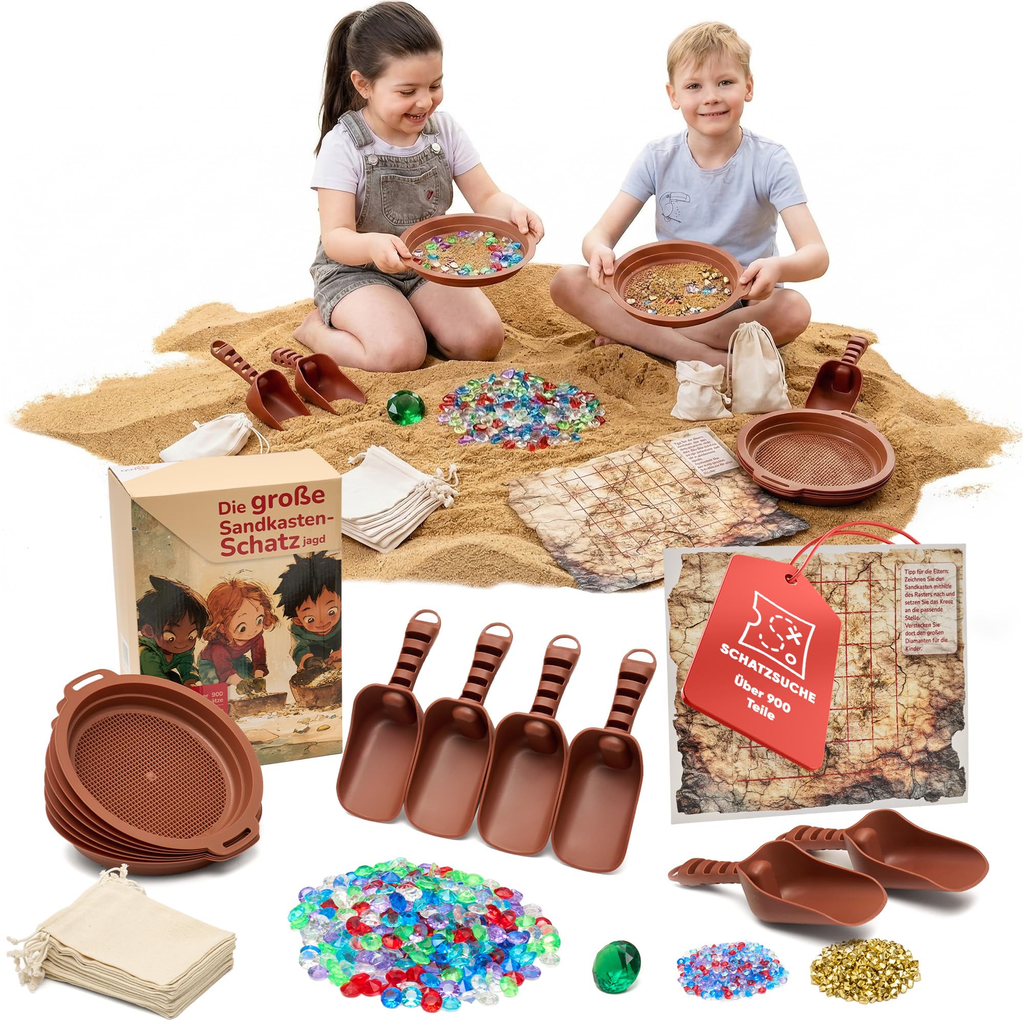 DIAGO Schatzsuche Kindergeburtstag - Outdoor Spiele Set für Kinder mit Edelsteinen, Schatzkarte und Sandkasten Spielzeug - Schnitzeljagd ab 3 Jahren