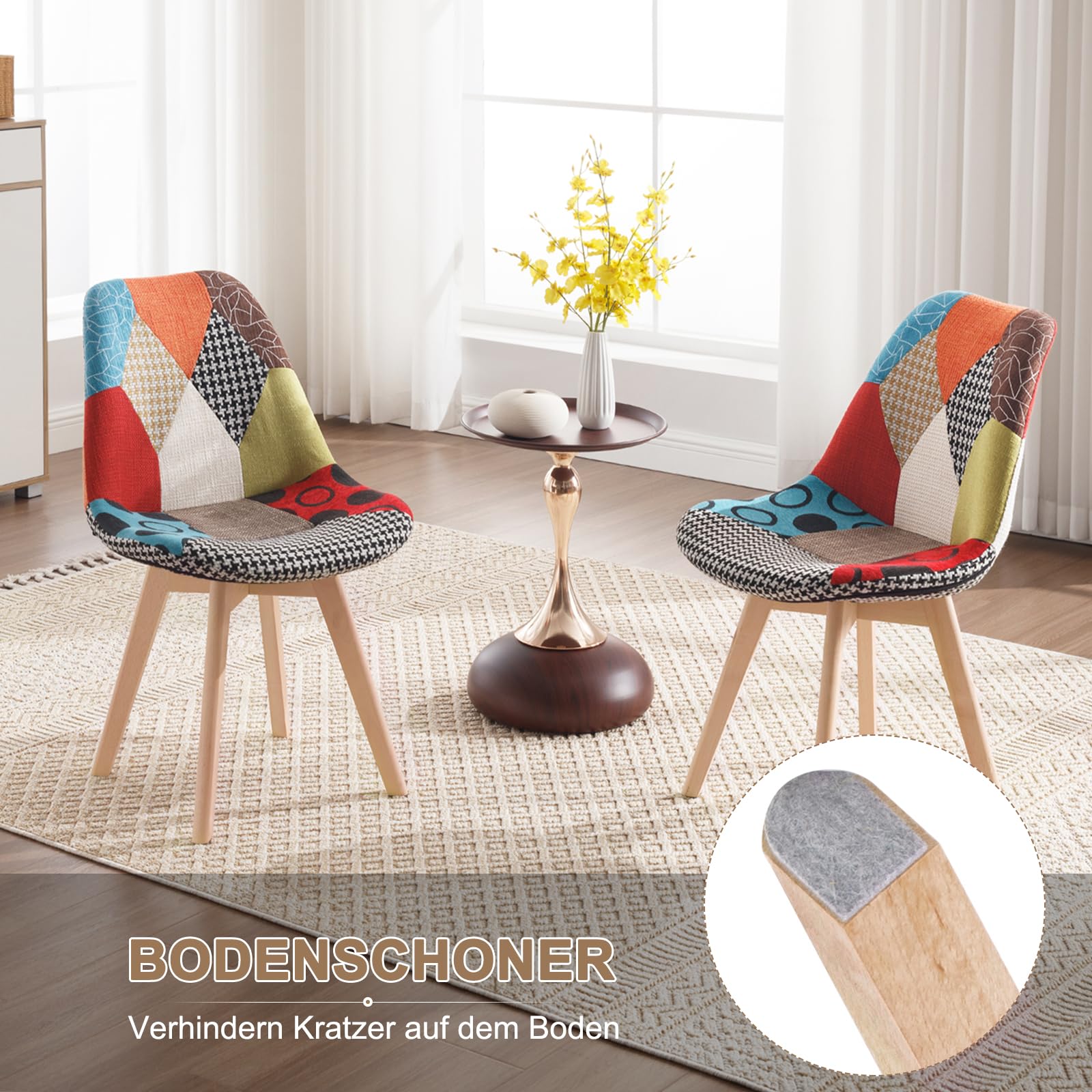 WOLTU Esszimmerstühle 2er Set, Küchenstühle mit Patchwork Design, Massivholz Beinen, Leinen, bis 150 kg belastbar, Mehrfarbig