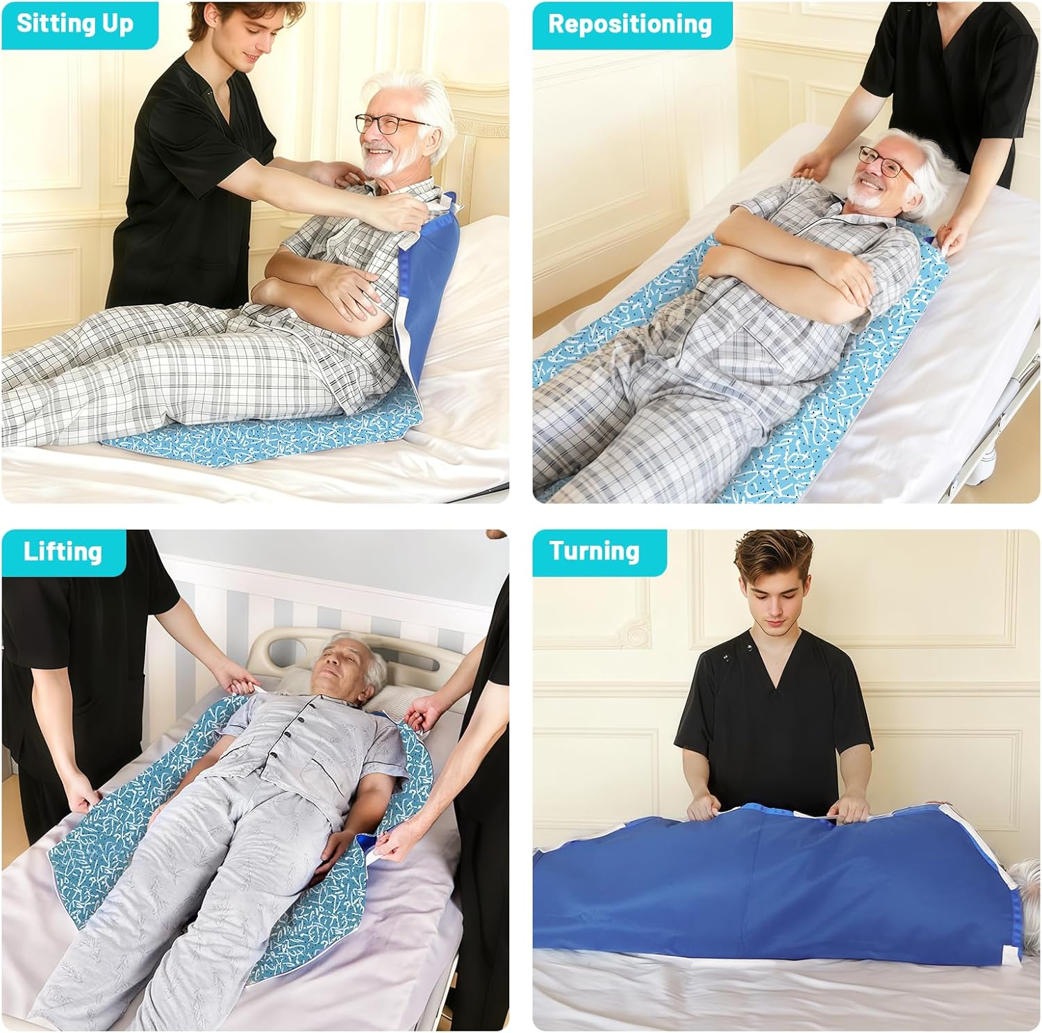 Incontinence Transfer Bed Pad with Handles - Washable & Reusable Repositioning Sheet for Turning, Lifting & Repositioning (27.5" x47.2“-SWL 260lbs) (Simple Blue Stripes)
