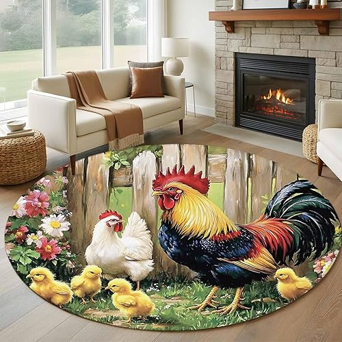 Miniatura 1 de 6ft Round Rug, Retro Rooster Non-Skid Rubber Backing Large Area Rugs - Living Room Bedroom Home Office, Farmhouse Animals Watercolor Floral Indoor