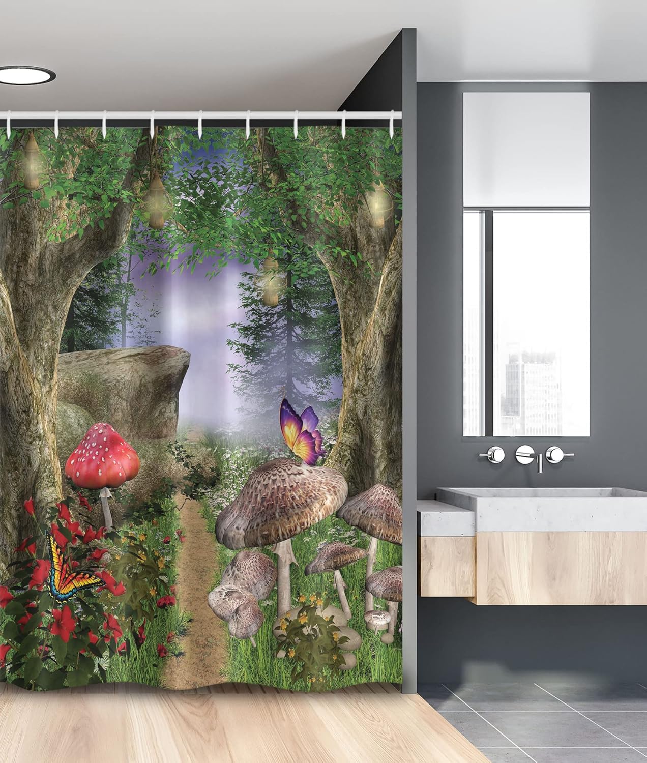 Ambesonne Mushroom Stall Shower Curtain, Enchanted Nature Pathway Butterflies Landscape Rocks, Fabric Bathroom Decor Set with Hooks, 54" W x 78" L, Tan Green Red