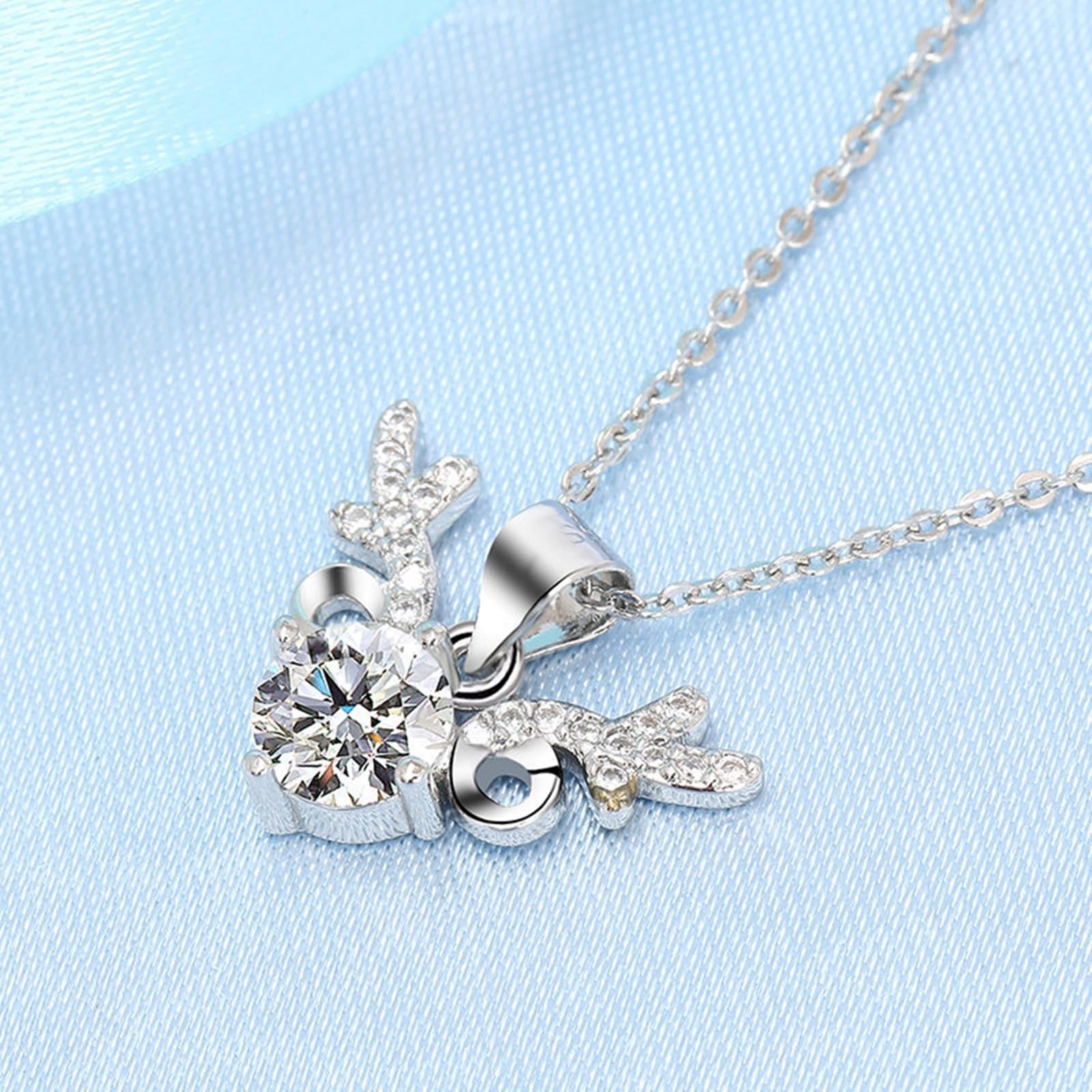 Collar de ciervo para mujer, oro blanco de 9 quilates para mujer, collar con colgante de diamante de laboratorio de ciervo para ella