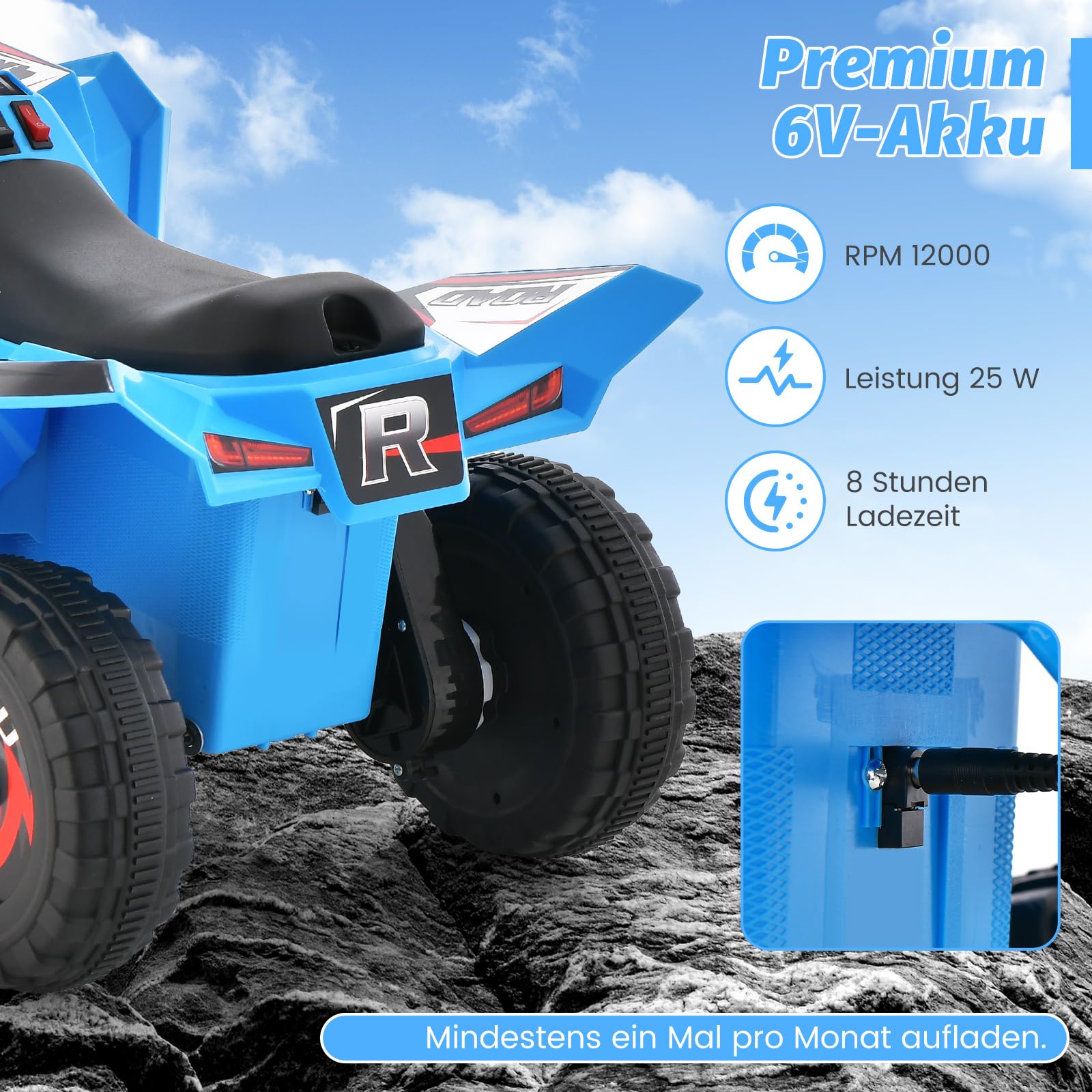 COSTWAY 6 V quad elektryczny dla dzieci, z przełącznikiem do przodu/do tyłu, mini ATV elektryczny quad, samochód elektryczny dla dzieci od 3 lat (niebieski)