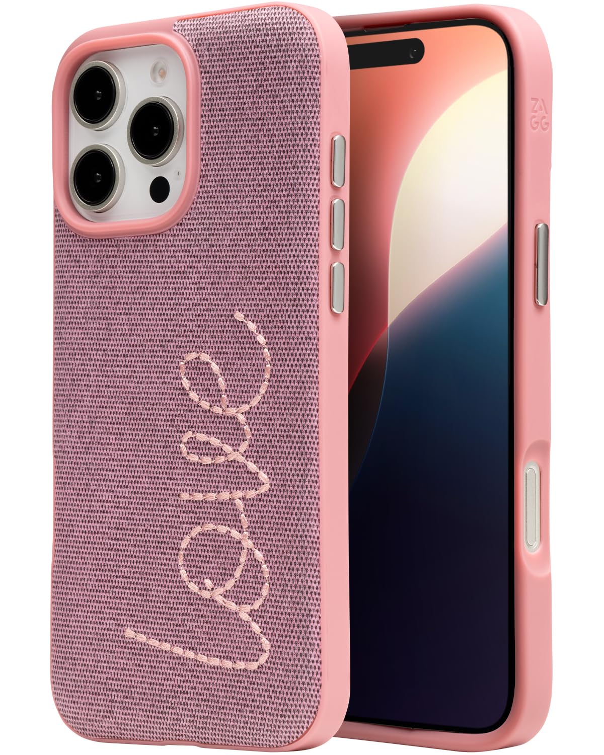 ZAGG London Snap Case for iPhone 16 Pro Max - Love Embroidered Fabric, MagSafe Compatible, 13ft Drop Protection, Slim, Stylish, Durable, Recycled Materials, Pink