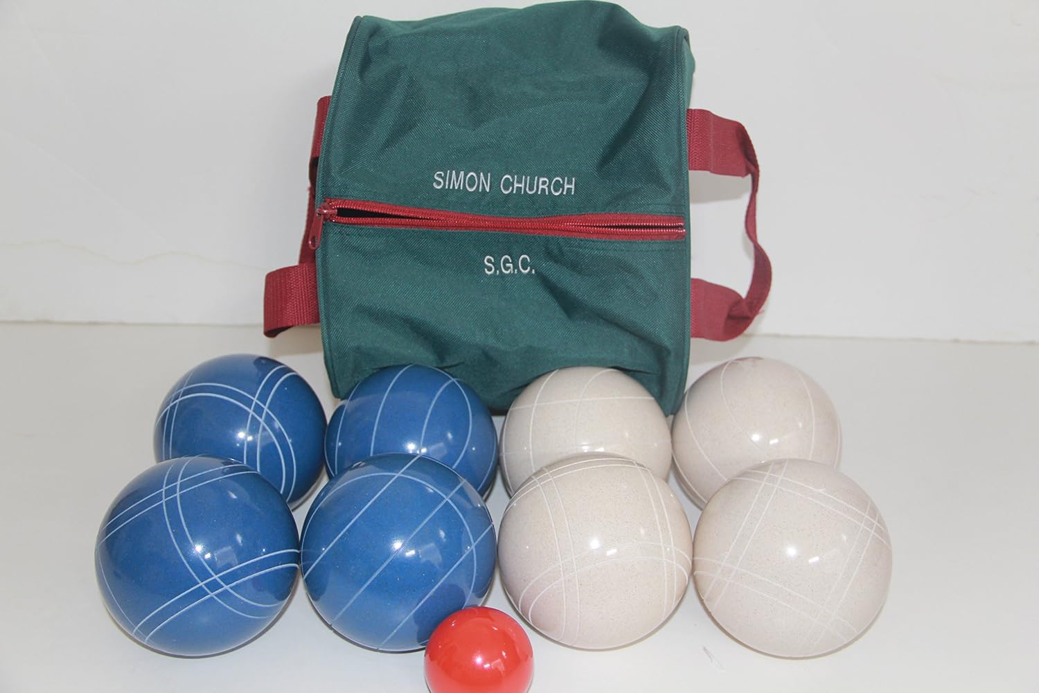 BuyBocceBalls Listing - Made in USA, Premium Quality Tournament Bocce Set - 110mm Blue and White Balls, Nylon Engraved red Bag, 998 Grams (2 lbs. 3.2 oz.)