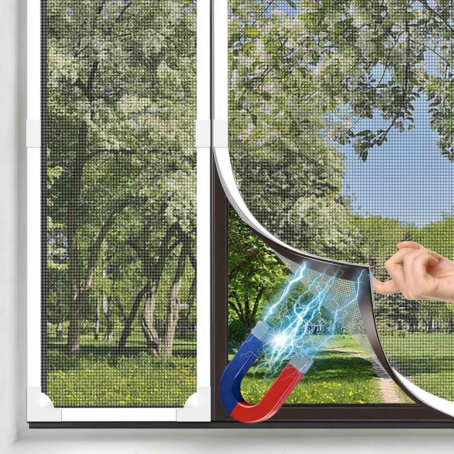 DIY Magnetic Window Screen for RV – 1 Adjustable Screen (Up to 36x56") + Extra Corner & Wind Clips for 2 Windows, White Frame with Grey Mesh