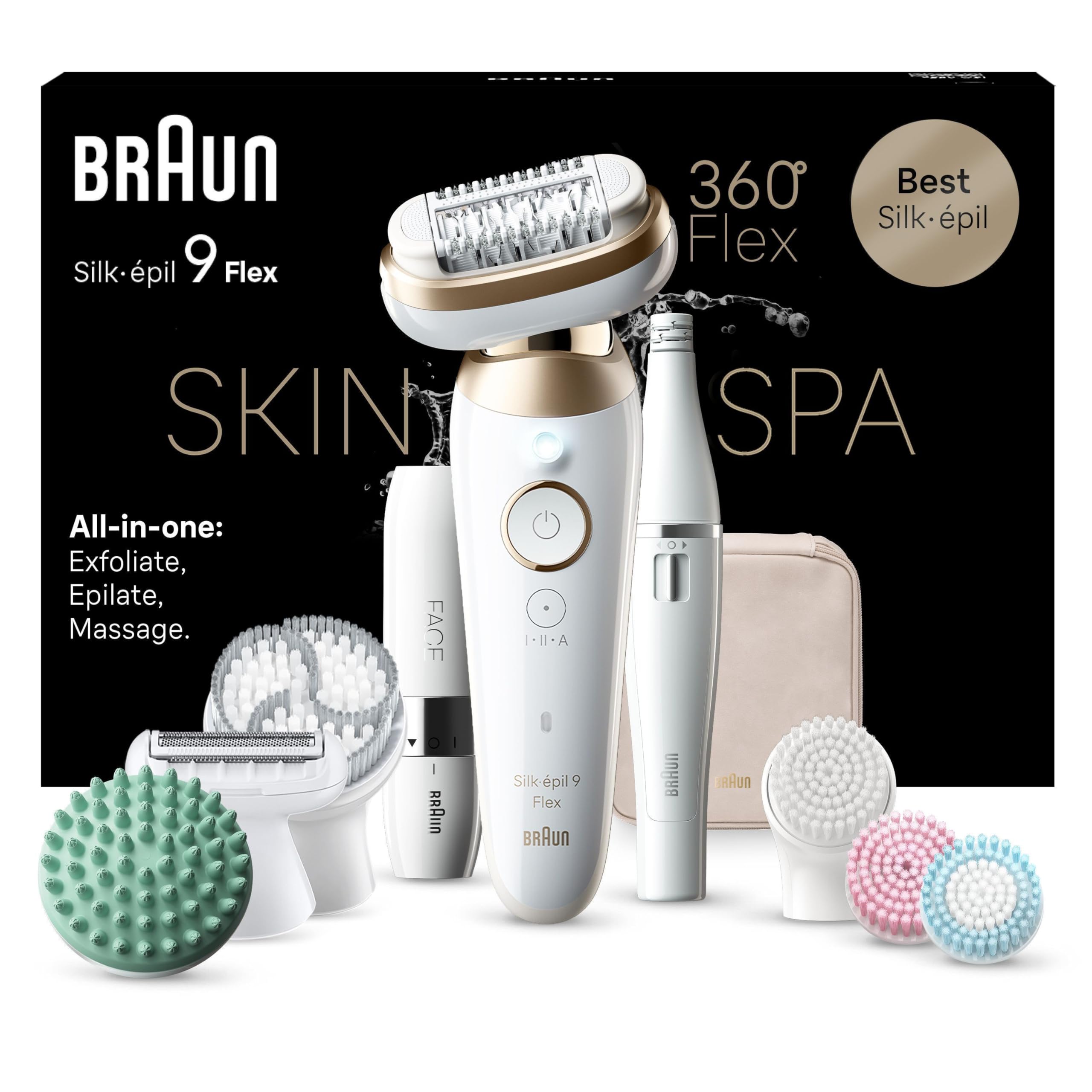 Braun Silk-épil 9 Flex SkinSpa Epilierer Damen, All-in-One Set, Haarentferner für Langanhaltende Haarentfernung, Ladyshaver, Gesichtshaarentferner, Wasserdicht, Made in Germany, 9-681 3D, Weiß/Gold