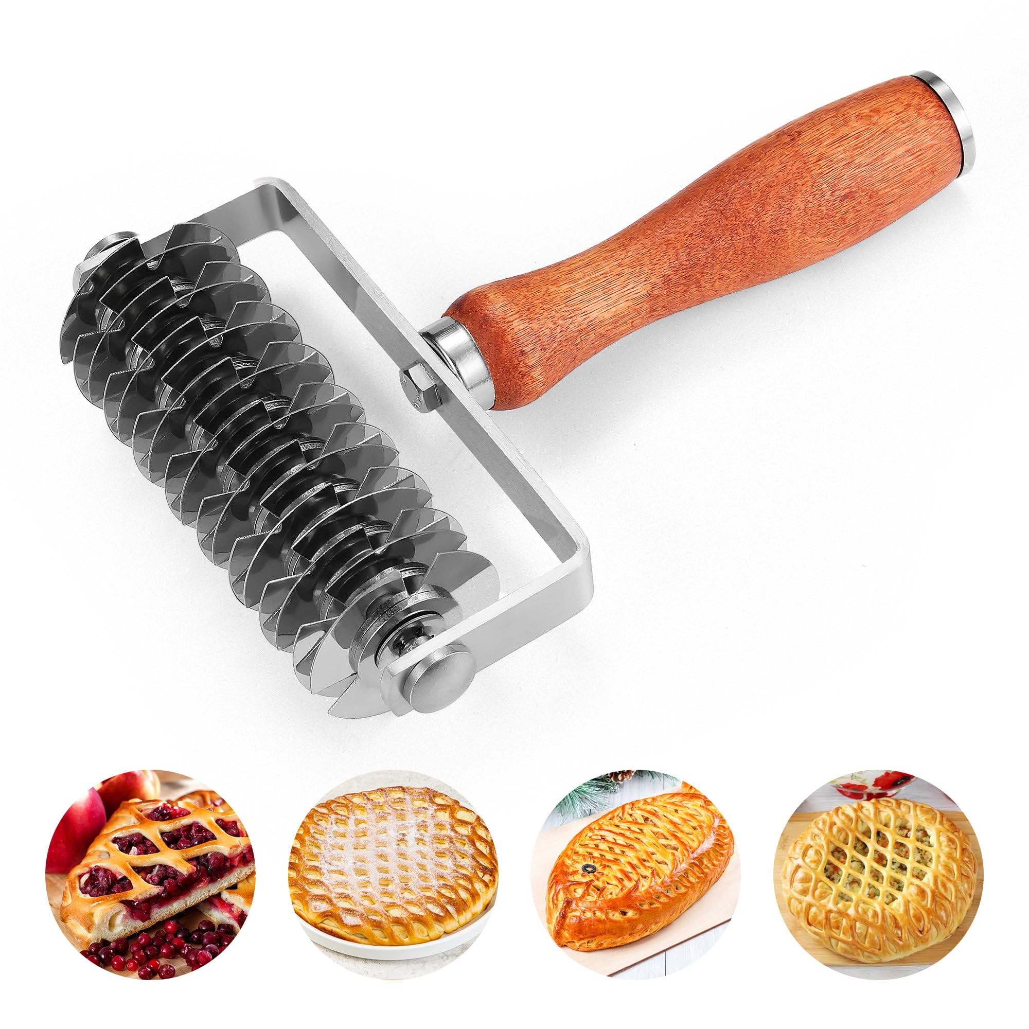 Pastry Lattice Roller Cutter, Stainless Steel Dough Cutter Wheel with Wood Handle, Time-Saver Baking...