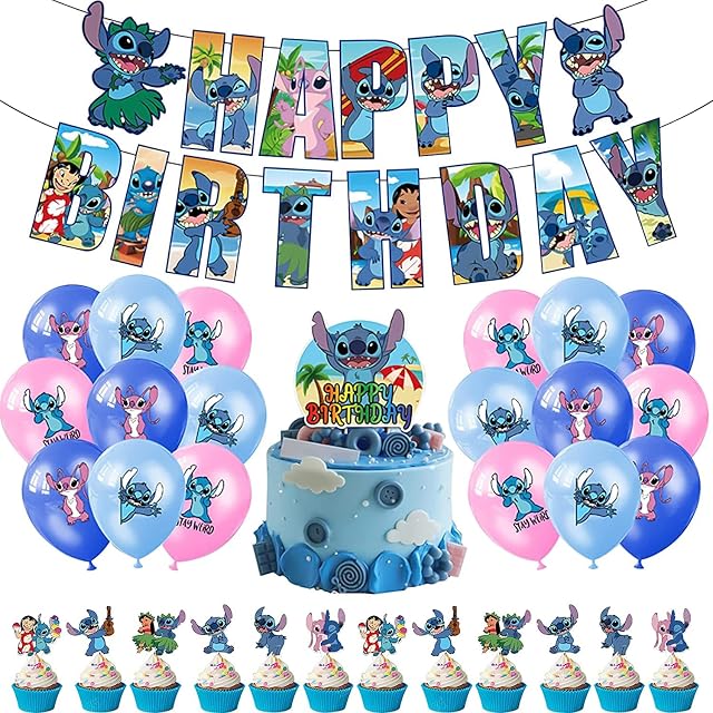 Stitch Theme Birthday Party Decorations Stitch Party Supplies -Happy Birthday Banner, Stitch Balloons Cake Topper, Cupcake Toppers for Kid's Birthday Party