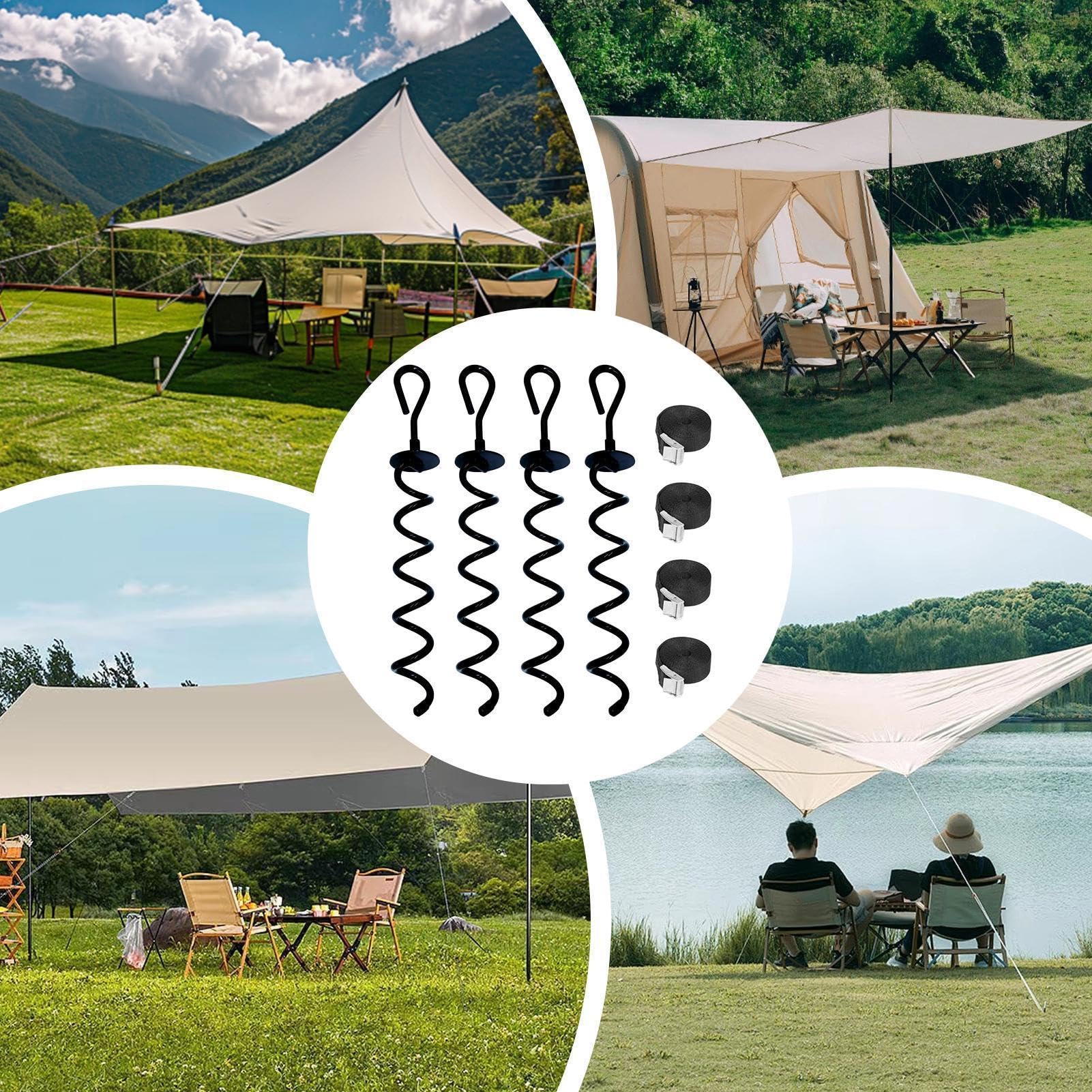Kotwy Gruntowe 4 Śrubowe Szpilki do Ziemi z Linką | Kotwy Kempingowe Do Trampoliny, Kempingu, Markizy, Baldachimu, Podwórka, Szopy, Pikniku, Szklarni, Ogrodzenia Oraz Na