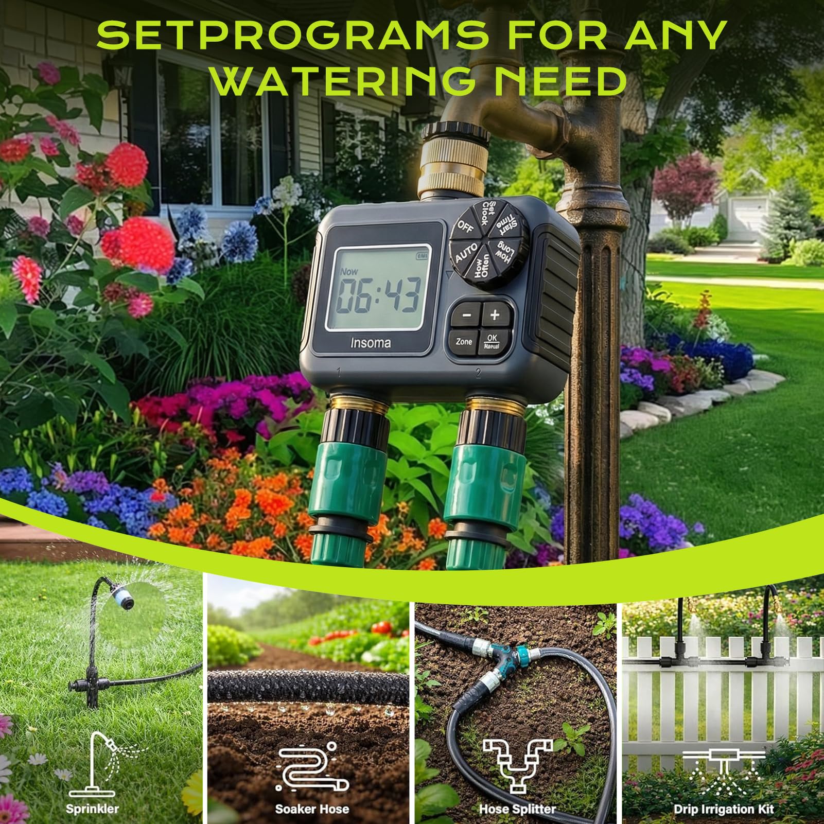 Programmateur Arrosage 2 Voies IPX5 Étanche Minuteur Arrosage Automatique avec Entrée et Sortie en Laiton, Retard de Pluie, Arrosage Automatique et Manuel, Minuterie d'irrigation pour Jardin Pelouse
