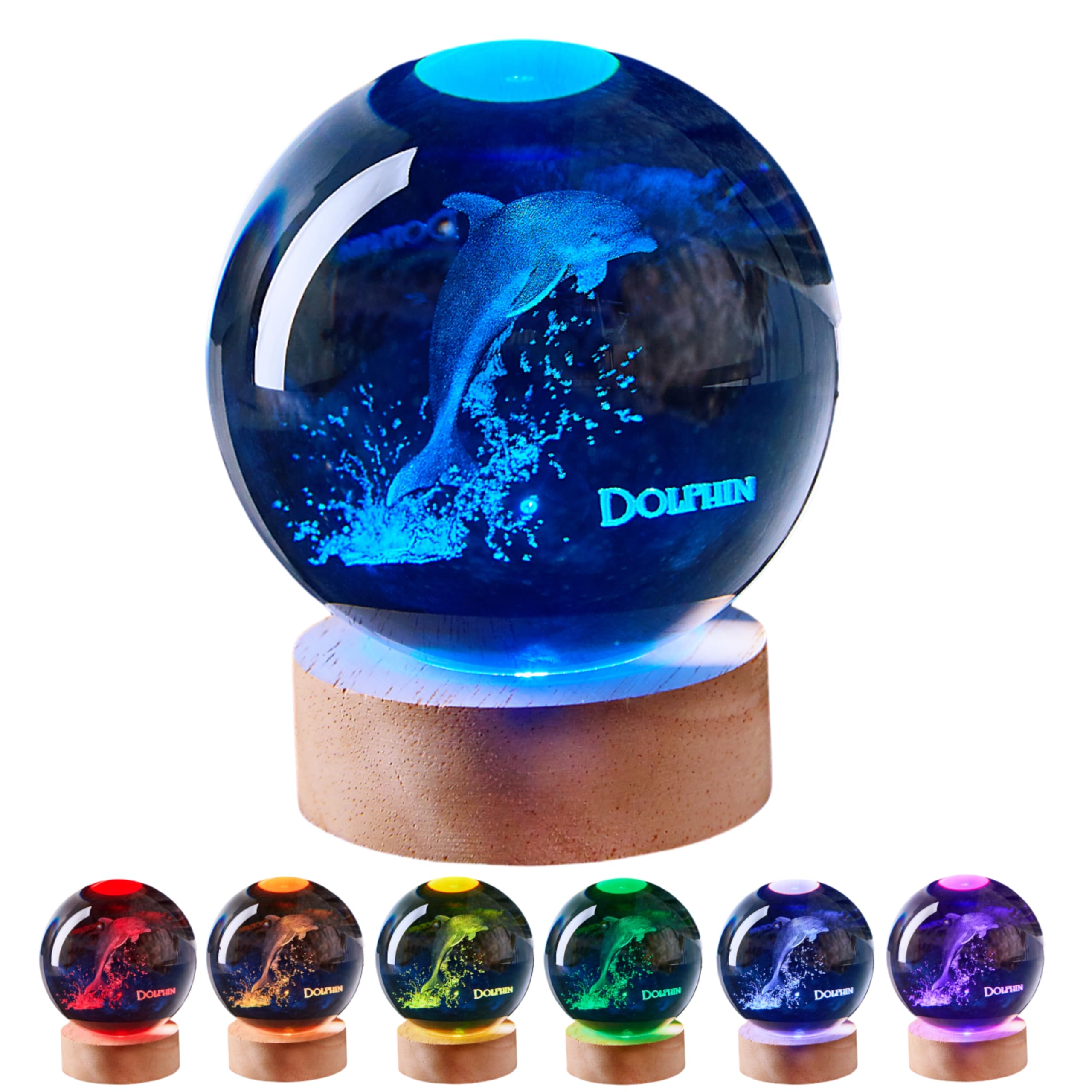LGY3DLight 3D Crystal Ball Lamp with Remote Control, 3.15 inch Crystal Night Light with Wooden Base 16 Colors Change, Glass Figurine Lamp Gift for Girls Boys Wife Girlfriend Mom (Dolphin)