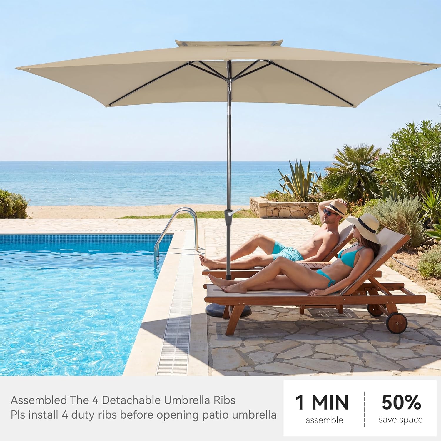 VEGOND 6.6x10ft Rectangular Patio Umbrella,Outdoor Double Top Table Umbrellas with Push Button Tilt and Crank,Rectangle Market Umbrella 6 Sturdy Ribs for Patio, Pool,Garden,Yard (Beige)