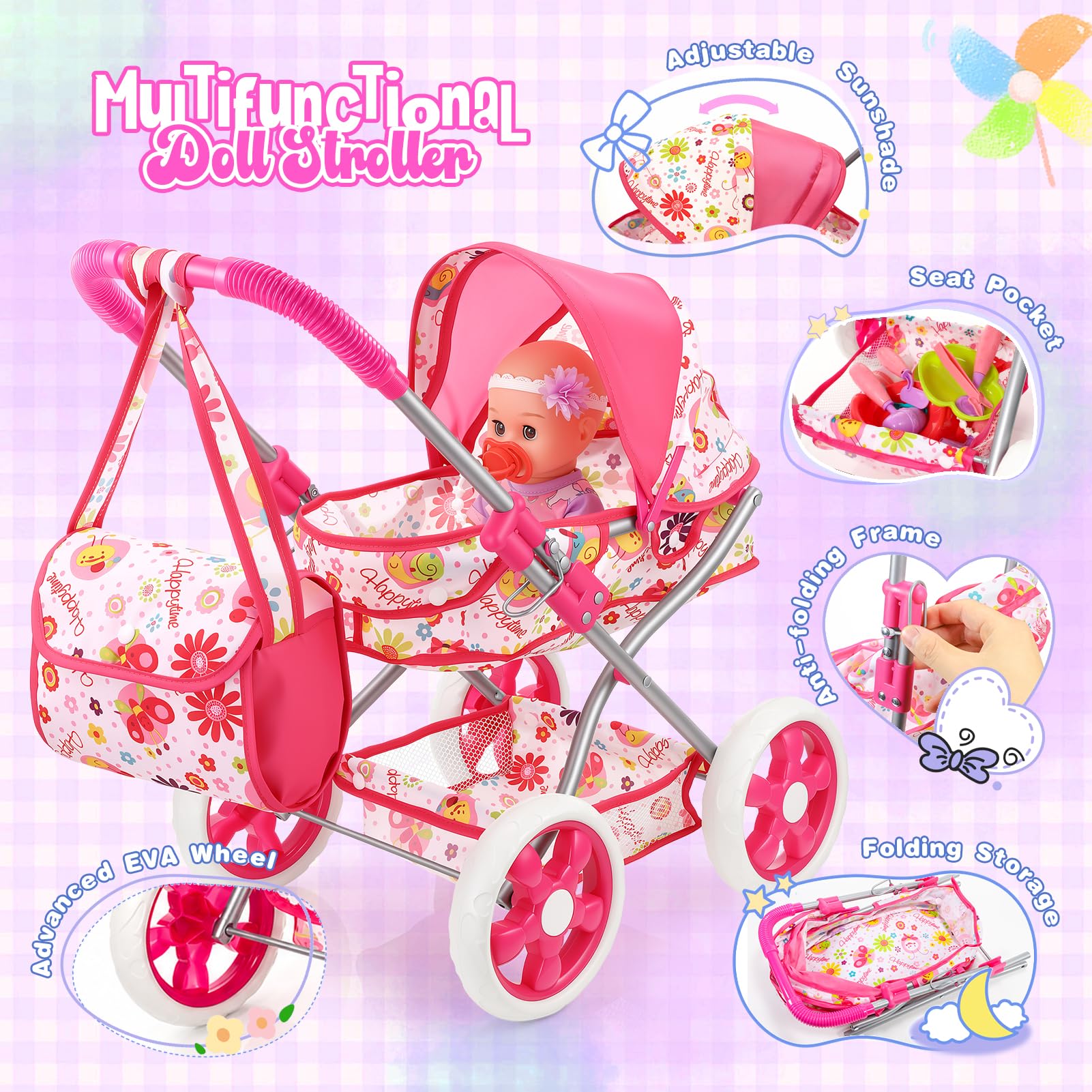 HappyGoLucky Passeggino con Bambola da 28 cm, Vestiti e Accessori Bambole Gioco di Ruolo Bambina 3-7 Anni Carrozzina per Bambole Regalo Bambina 2-8 Anni Giocattoli Bambino
