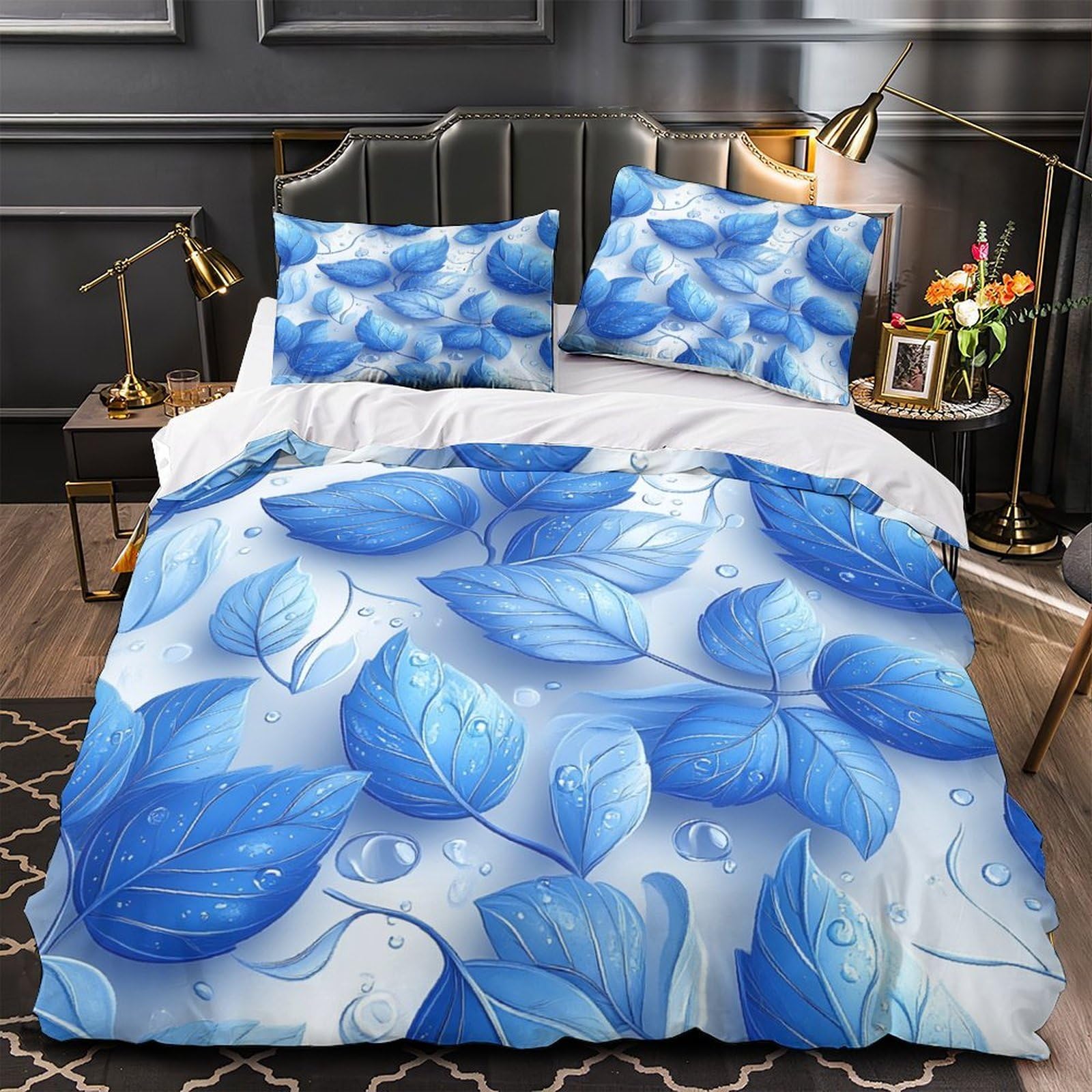 Housse de couette feuilles bleues 3D parure de lit microfibre pour chambre ado