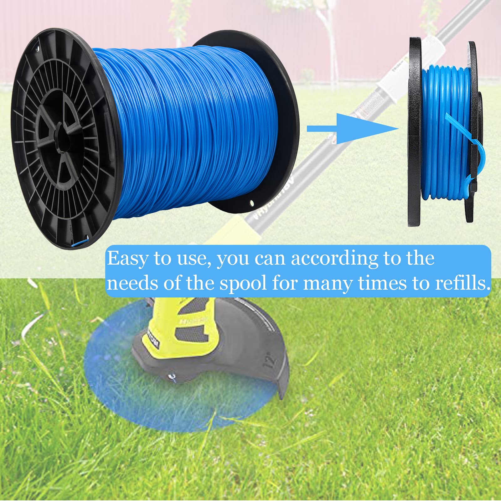 KAKO 065 Inch Trimmer Line, 0.16 pulgadas Weed Wacker Eater String, línea de ajuste de cuerda de nailon redondo para cortadora de malezas de 0.65 "-340 ft-2.3 kg-Spool azul
