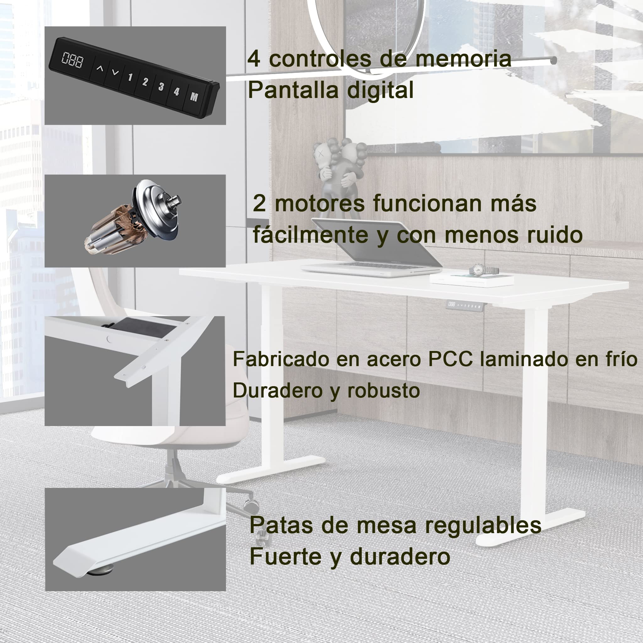 Escritorio de Pie Ajustable en Altura Mesa elevable Motores Gemelos Silencioso 4 Ranuras de Memoria Blanco 69-115 cm Robusto y Estable
