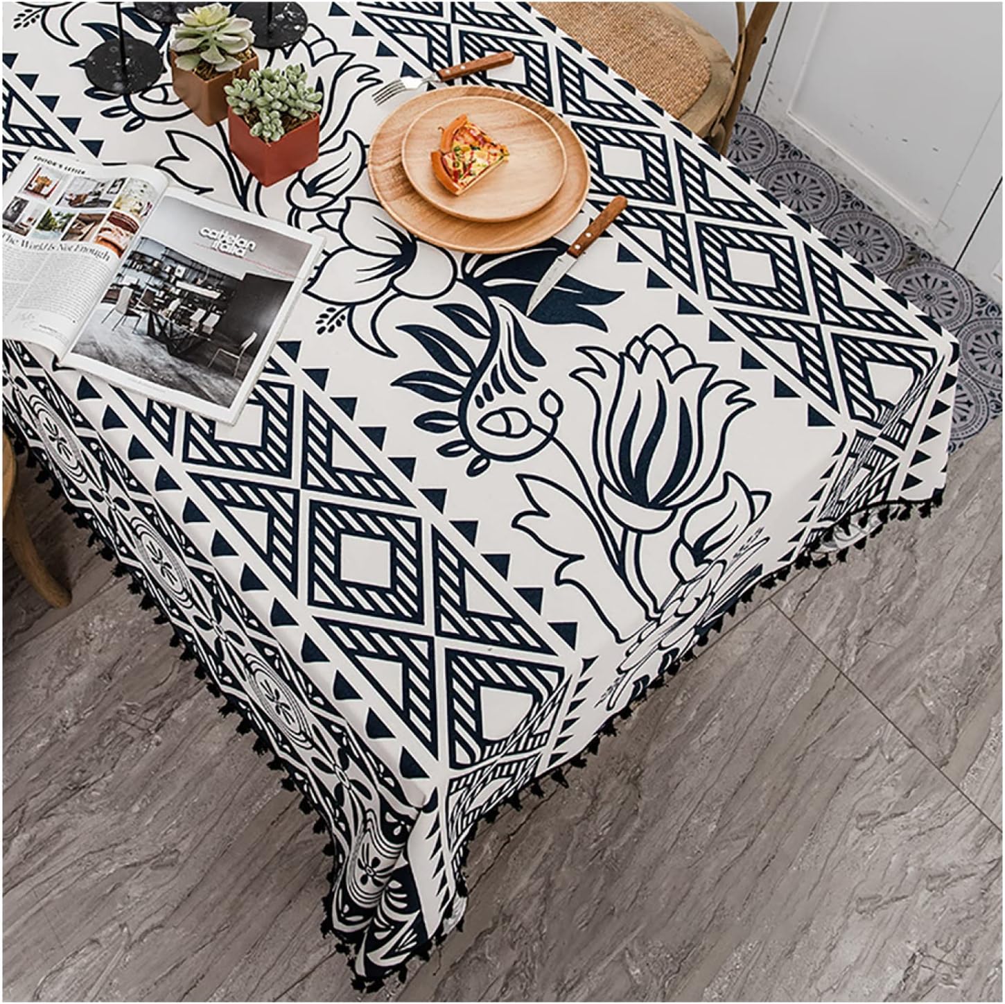 CAKERS Waterproof and Oil Proof Desk Protector Mat with Tassel|Bohemia Ethnic Style Wipeable Table Cover for Indoor and Outdoor,D,120x170cm(47.2x66.9in)