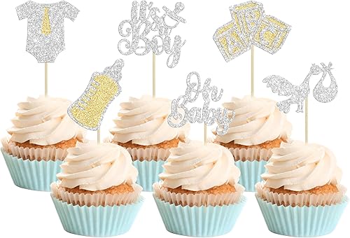 Gyufise 24 adornos para cupcakes Oh Baby Glitter It's a Boy Cupcake Picks Tie Onesie Baby Shower Cake Decor para revelación de género, baby shower,