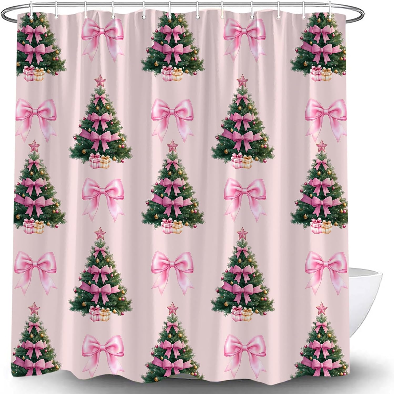 Christmas Tree Shower Curtain Cute Pink Bow Green Pine Tree Merry Christmas Winter Xmas Holiday Happy New Year Fabric Bathroom Curtain with Hook
