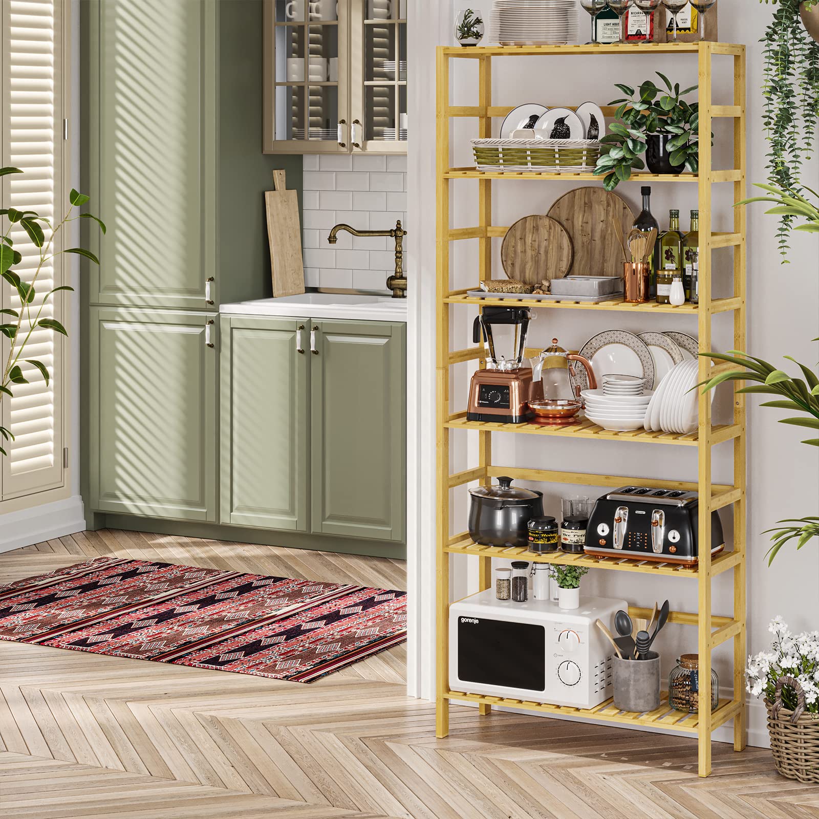 VIAGDO Bambusregal, Küchenregal, Badregal, Bücherregal, Standregal mit 6 verstellbaren Ablagen, 60 x 26 x 162 cm, für Bad, Küche, Wohnzimmer, Schlafzimmer, Balkon, Naturfarben