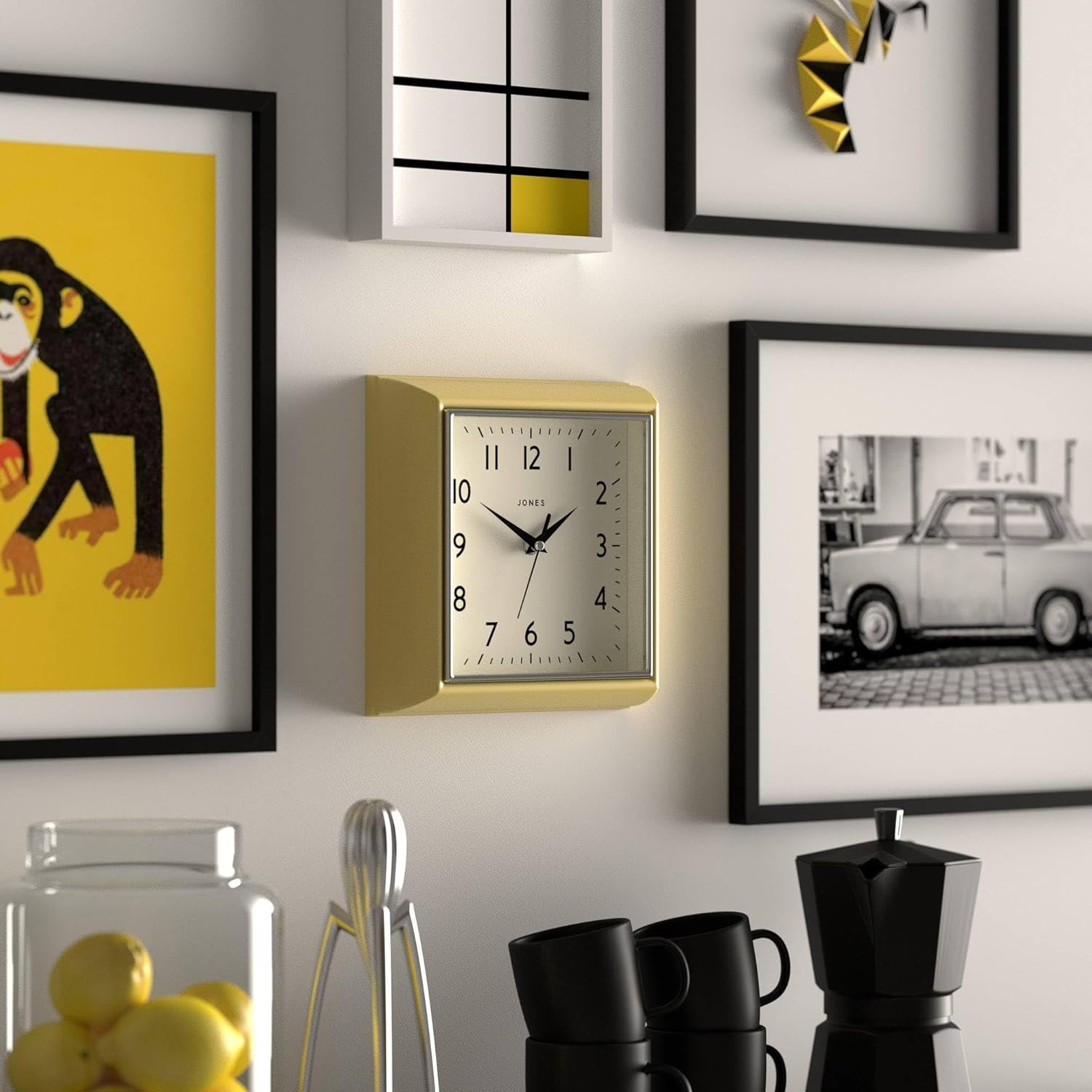 JONES CLOCKS® Mustard wall Clock | Square Retro Clock | 25cm | Yellow | Easy to Read Numbers | Perfect for Kitchen or Office