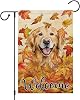 Heyfibro Welcome Fall Garden Flag 12 x 18 Inch Vertical Double Sided Burlap, Golden Retriever Dog Yard Flags Autumn Maple Leaves Seasonal Flag for Thanksgiving Farmhouse DecorationONLY FLAG