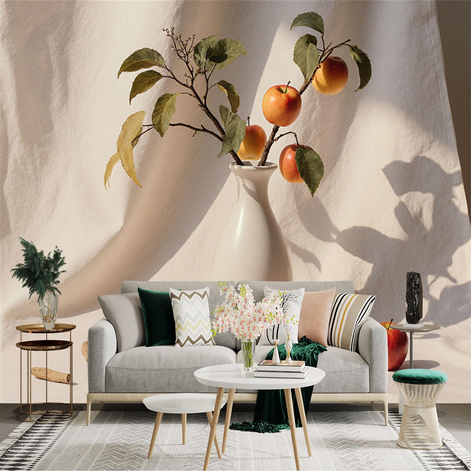 Custom Size Wall Sticker Mural， Still Life with White Vase， Red Apples on Branch， Open Book， Minimalist Home Decor， for wall Decoration， peelandstick wall Decals.
