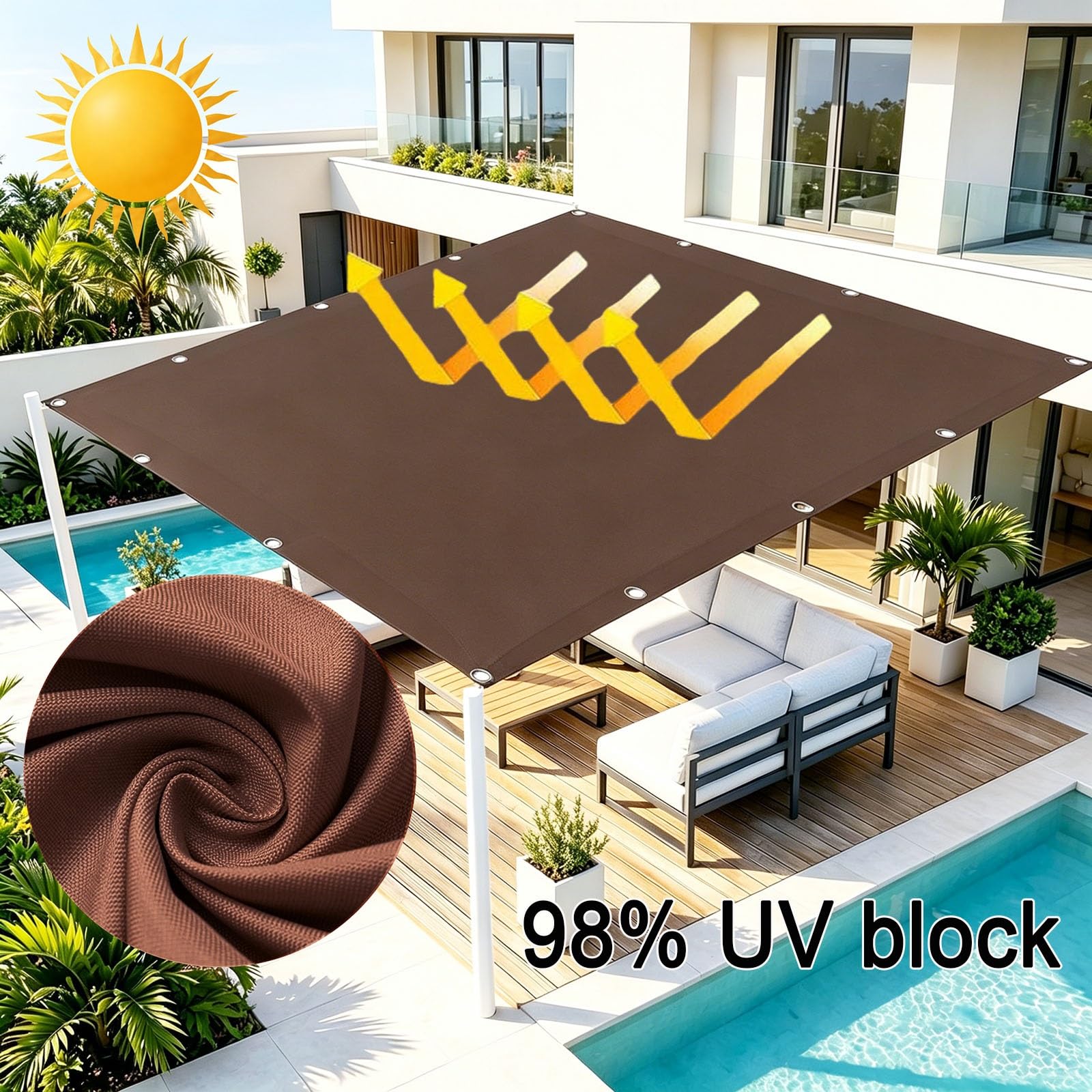 Voile d'ombrage Imperméable 130 x 540 cm 98% UV Protection PES Résistant à l'eau Rectangulaire Protection Solaire Durable Toile Ombrage Imperméable pour Patio Jardin, ‎Marron