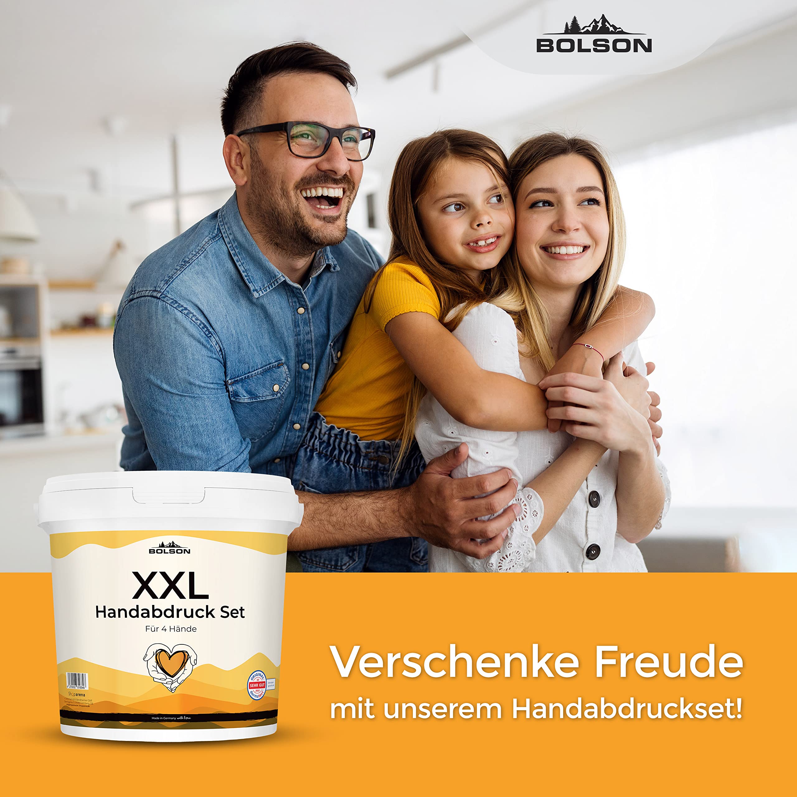 Bolson 3D XXL Handabdruck Set für Familie & Freunde - detailgetreues Gipsabdruckset - Set für 4 Hände mit GRATIS Klarlack & Pinsel - Super Geschenkidee zum Hochzeitstag, Jahrestag, Geburtstag