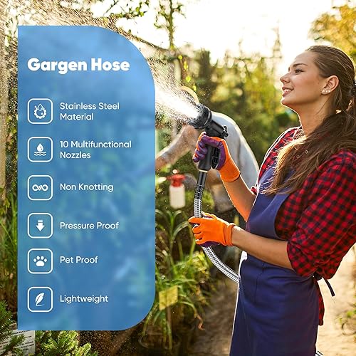 Miniatura 2 de Manguera de jardín de 50 pies, manguera de agua de acero inoxidable de metal con boquillas de 10 funciones, sin torceduras, manguera flexible,