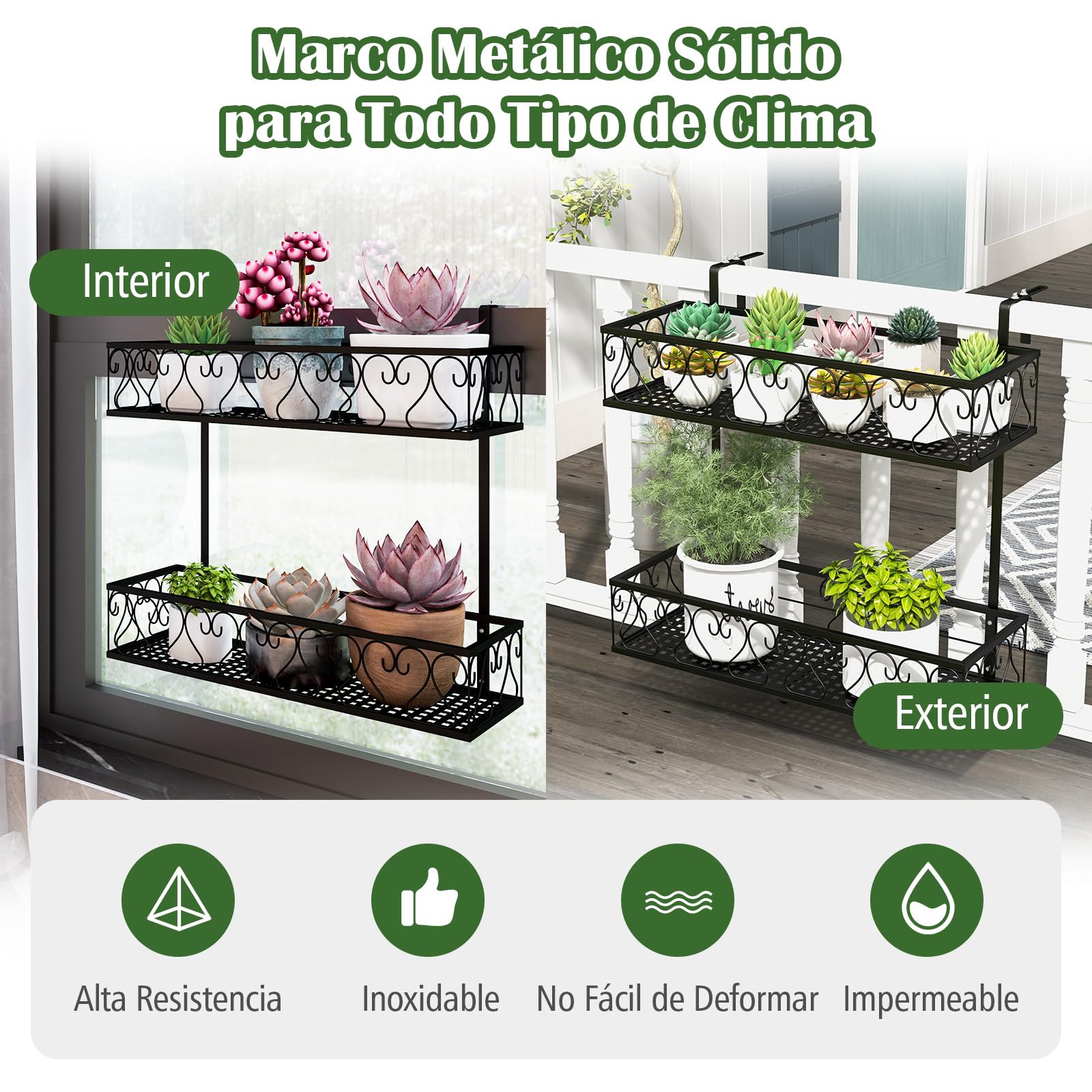 RELAX4LIFE Soporte Vertical para Macetas para Balcón de 2 Niveles con Gancho Ajustable, Estantería Colgante de Metal para Terraza, Jardín, Balcón, Patio, Negro