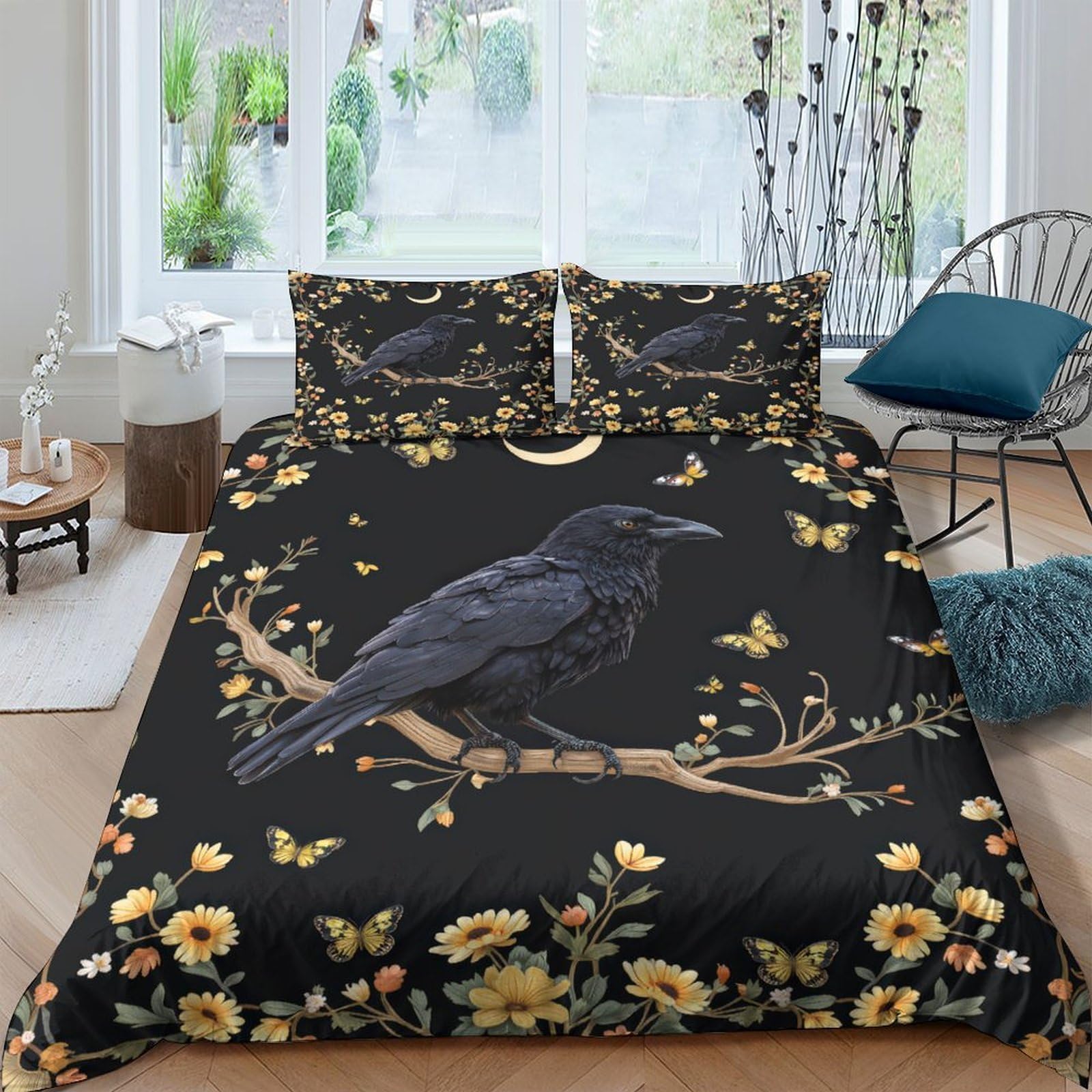 Ctjqhvkz Style-6 3D Printed Raven Moon Fitted Sheet Microfiber Soft Floral Branch Mattress Cover For Bedroom Guest Room Decor Single（135X200cm）
