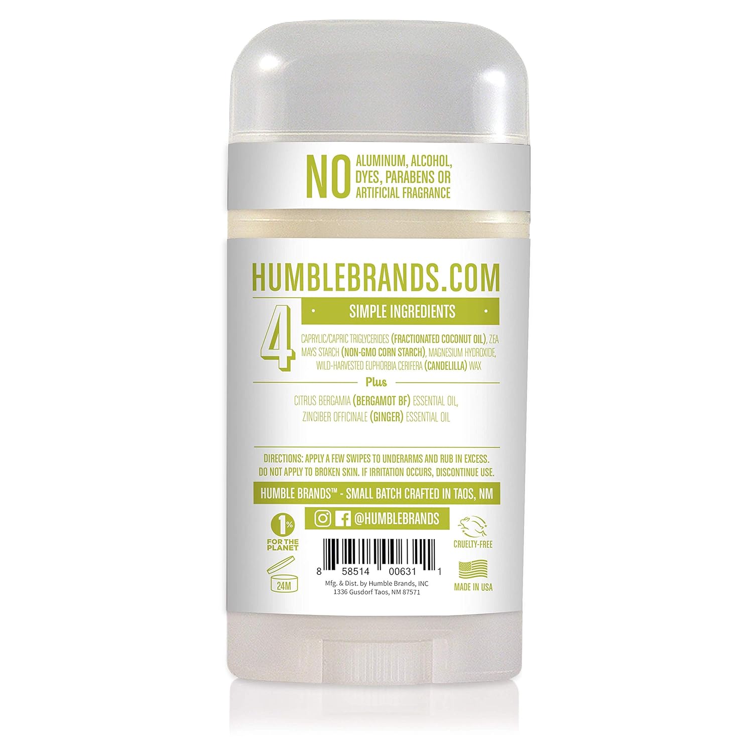 Humble Brands All Natural Vegan Aluminum Free Deodorant Stick for Sensitive Skin, Lasts All Day, Safe, and Certified Cruelty Free, Bergamot and Ginger, Pack of 1 : Beauty & Personal Care
