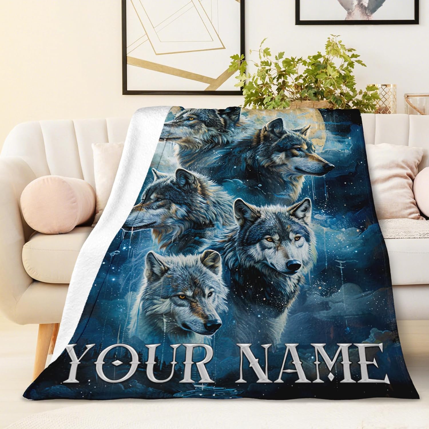 Personalized Wolf Blanket for Boys with Name, Men Blanket 60 x 50 Inches Wolf Throws for Boyfriend, Cozy Fuzzy Soft Flannel Throws for Living Room Couch Sofa Office