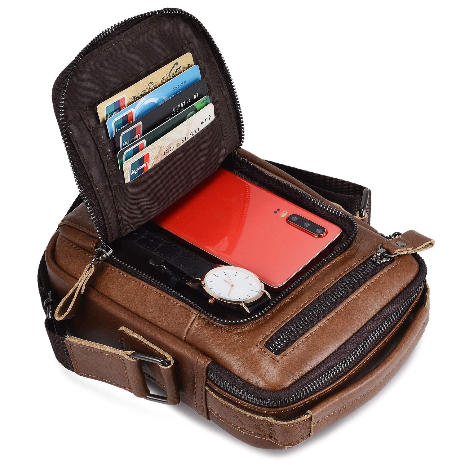 BAIGIO Bolso Hombre Bandolera Cuero Vintage Bolso Mano Hombres Bolsos Hombre Pequeño con 5 Ranuras para Tarjetas Bolsa de Hombro para Negocios, Trabajo, Viaje, Vida Cotidiana