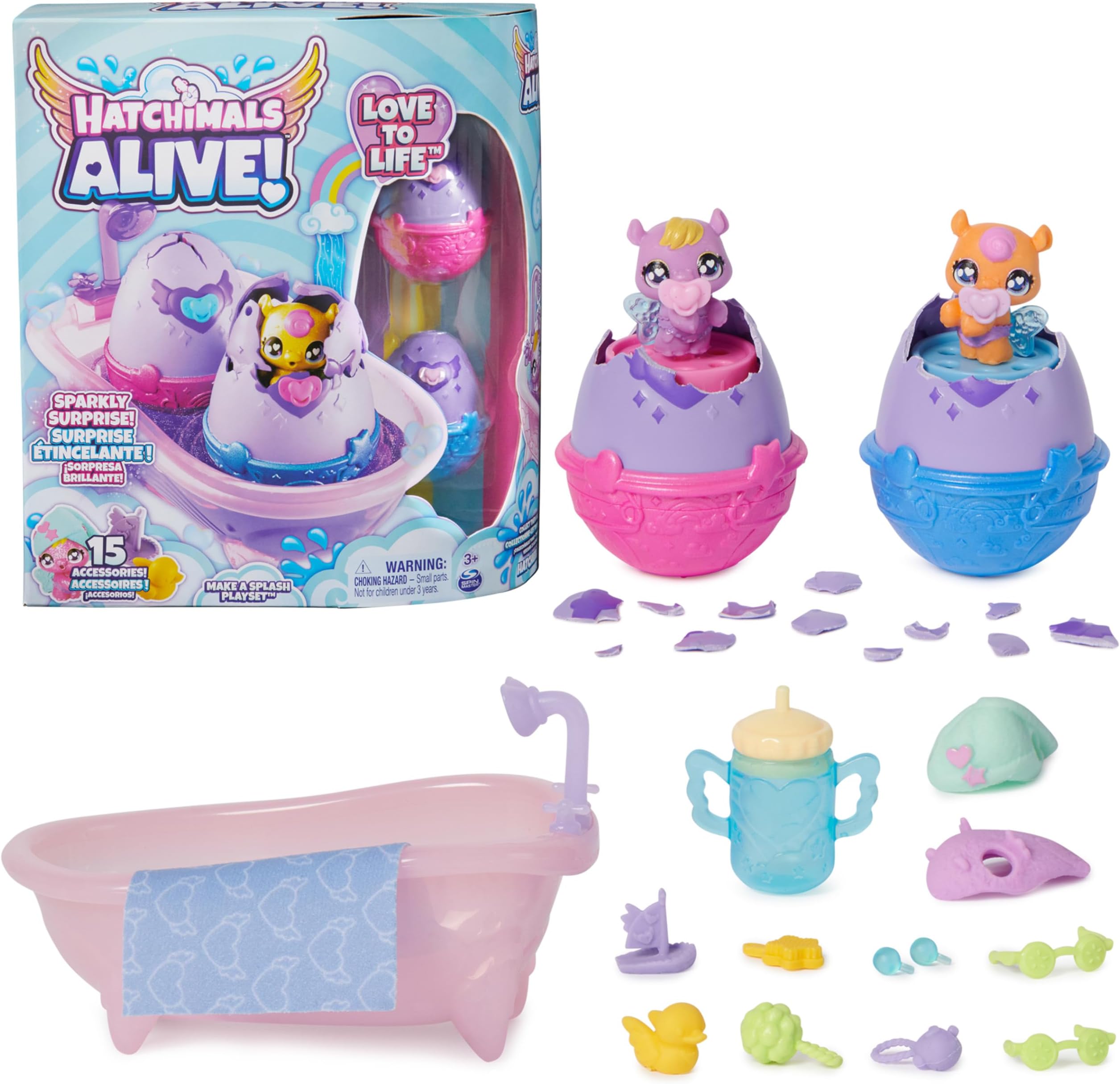 Alive, Make a Splash Playset with 15 Accessories, Bathtub, 2 Color-Change Mini Figures in Self-Hatching Eggs, Kids Toys for Girls and Boys