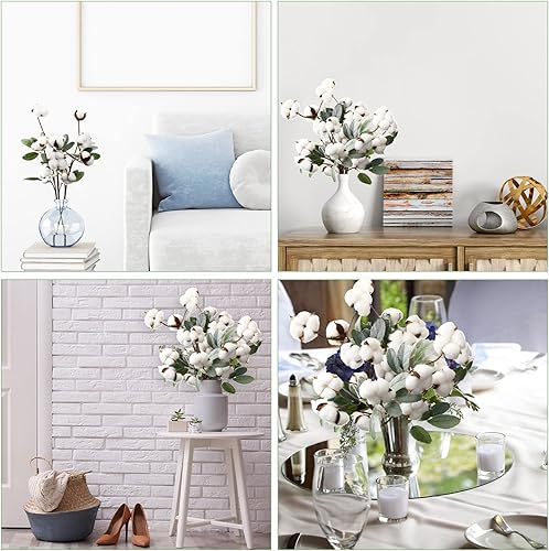 Miniatura 6 de 12 tallos de algodón ramas de flores artificiales de algodón con hojas de oreja de cordero 21 pulgadas flores de algodón falso decoración de estilo