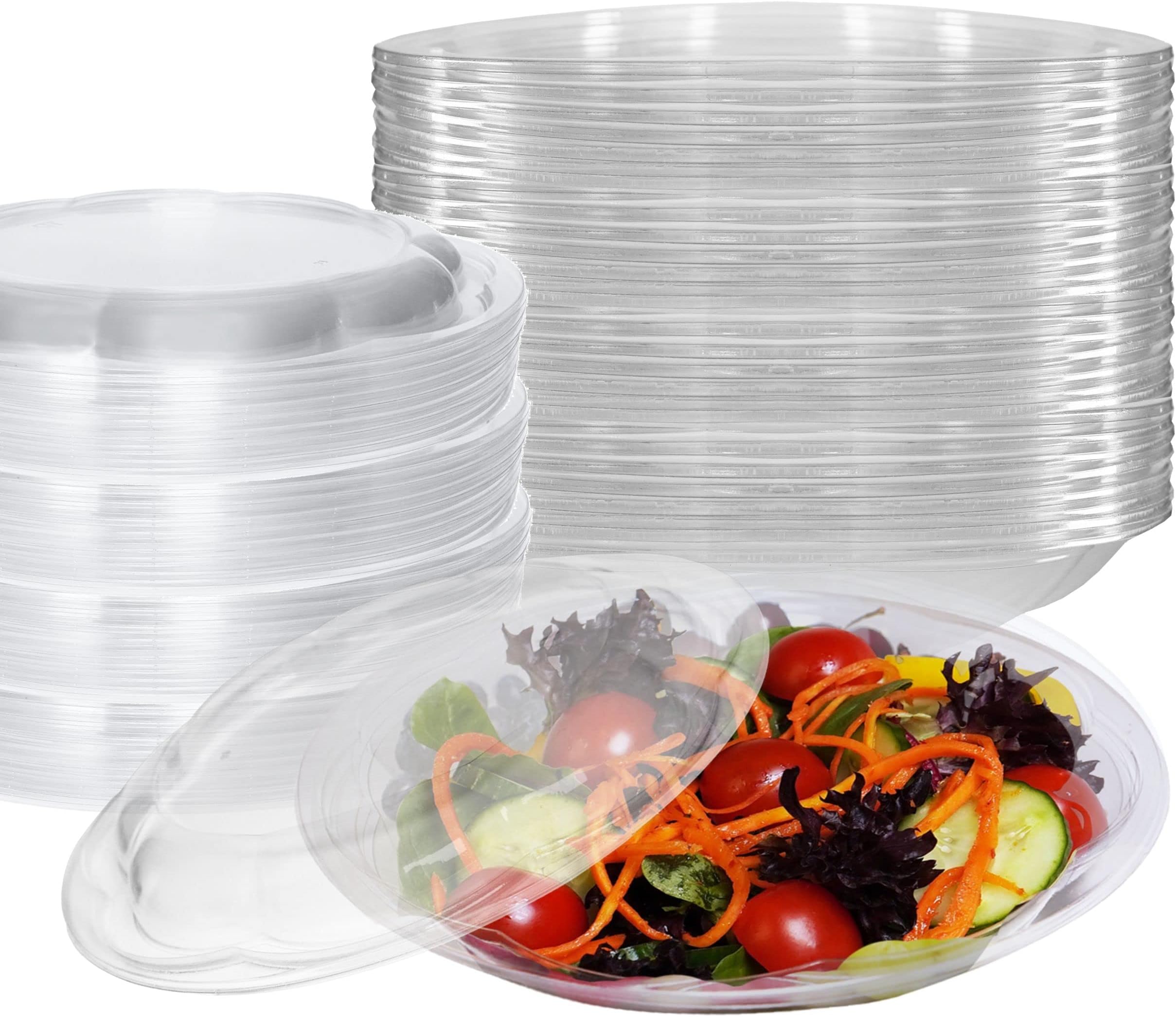 64oz Salad Bowls To-Go with Lids - Crystal Clear Plastic Disposable Wide Salad Containers | Airtight, Lunch, Salads, Parfait, Fruits, Leak Proof, Airtight, Fresh, Meal Prep | Rose Bowl Container (100)