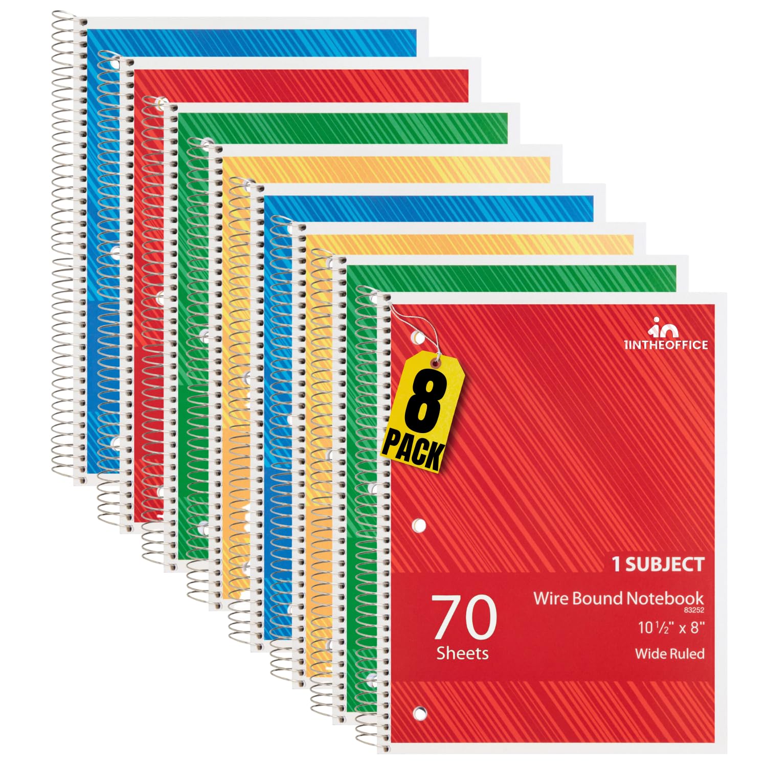 1InTheOffice Spiral Notebook Wide Ruled 10.5 x 7.5, 1-Subject Wide Ruled Notebooks, Wirebound Spiral Notebooks, 3-Hole Punched, 70 Sheets, Assorted