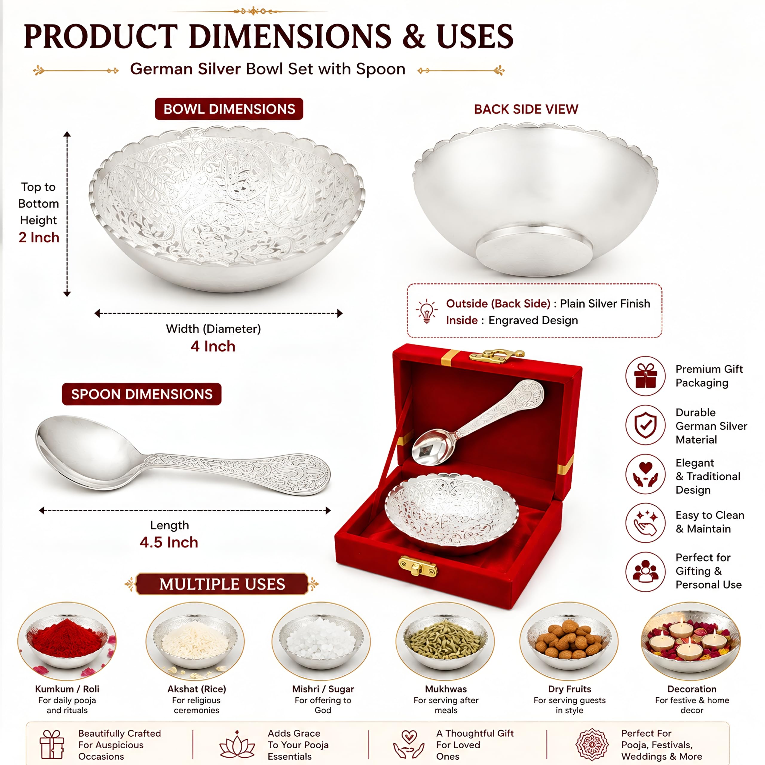 AC ANAND CRAFTS Rakhi Gift Hamper for Brother | Handmade Designer Rakhi with German Silver Bowl Spoon Set, Roli Chawal & Premium Red Velvet Gift Box | Raksha Bandhan Gift for Bhai 4
