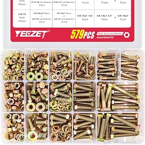 579PCS Grade 8 Heavy Duty Bolts and Nuts Washers Kit, 1/4-20 5/16-18 3/8-16 Hex Bolts Nuts Assortment Kit, Includes 15 Most Common Sizes