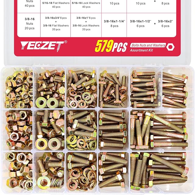 579PCS Grade 8 Heavy Duty Bolts and Nuts Washers Kit, 1/4-20 5/16-18 3/8-16 Hex Bolts Nuts Assortment Kit, Includes 15 Most Common Sizes