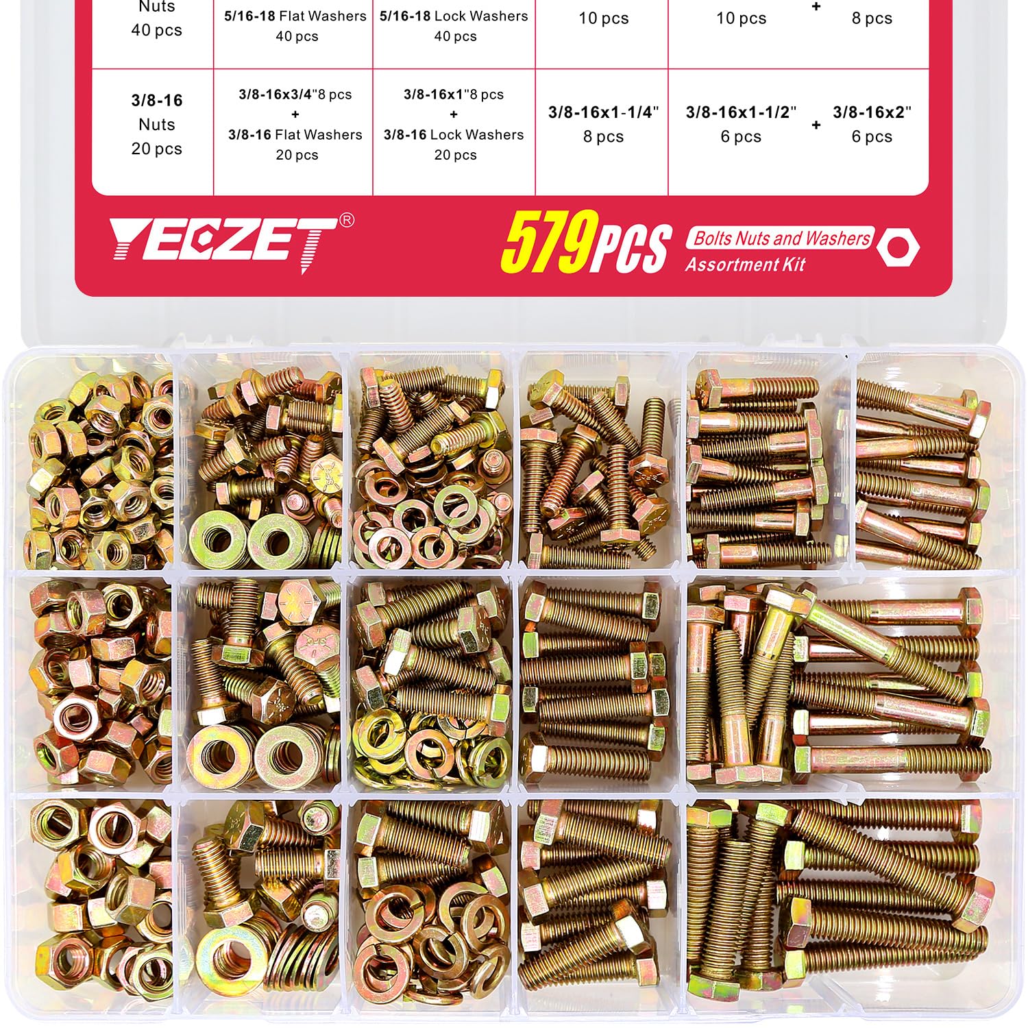 YEEZET 579PCS Grade 8 Heavy Duty Bolts and Nuts Washers Kit, 1/4-20 5/16-18 3/8-16 Hex Bolts Nuts Assortment Kit, Includes 15 Most Common Sizes