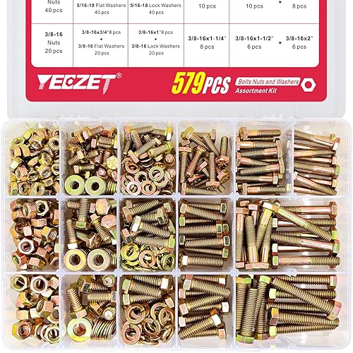 YEEZET Kit de 579 arandelas de pernos y tuercas de alta resistencia de grado 8, 14-20 516-18 38-16 tornillos hexagonales, incluye 15 tamaños más