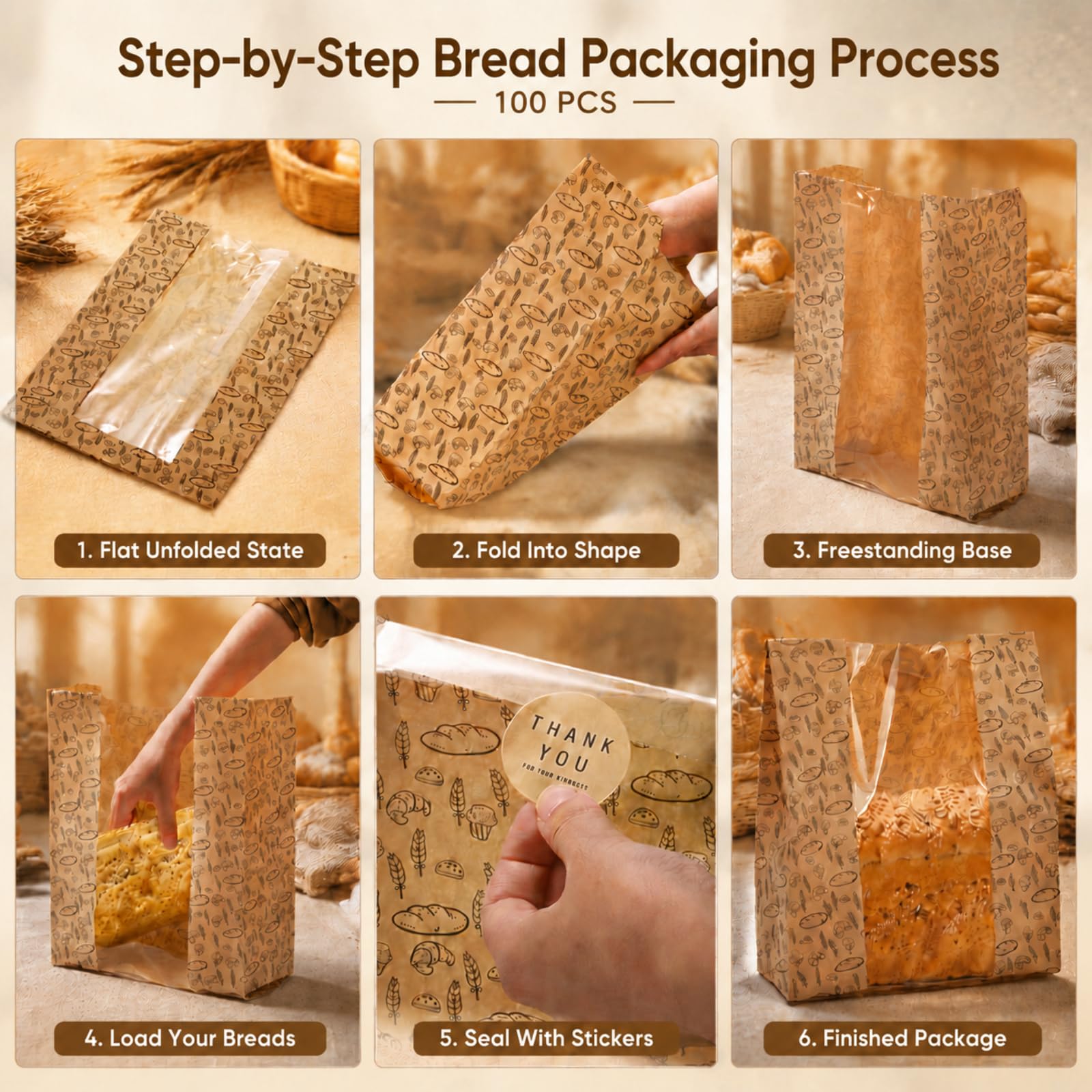 Hacaroa 100 Stück Papier Brotbeutel mit Klarem Fenster, 27,5 x 25 x 10 cm Kraft Bäckerei Taschen mit 100 Aufkleber, Braun Toast Verpackung Taschen für Hausgemachtes Brot, Keks